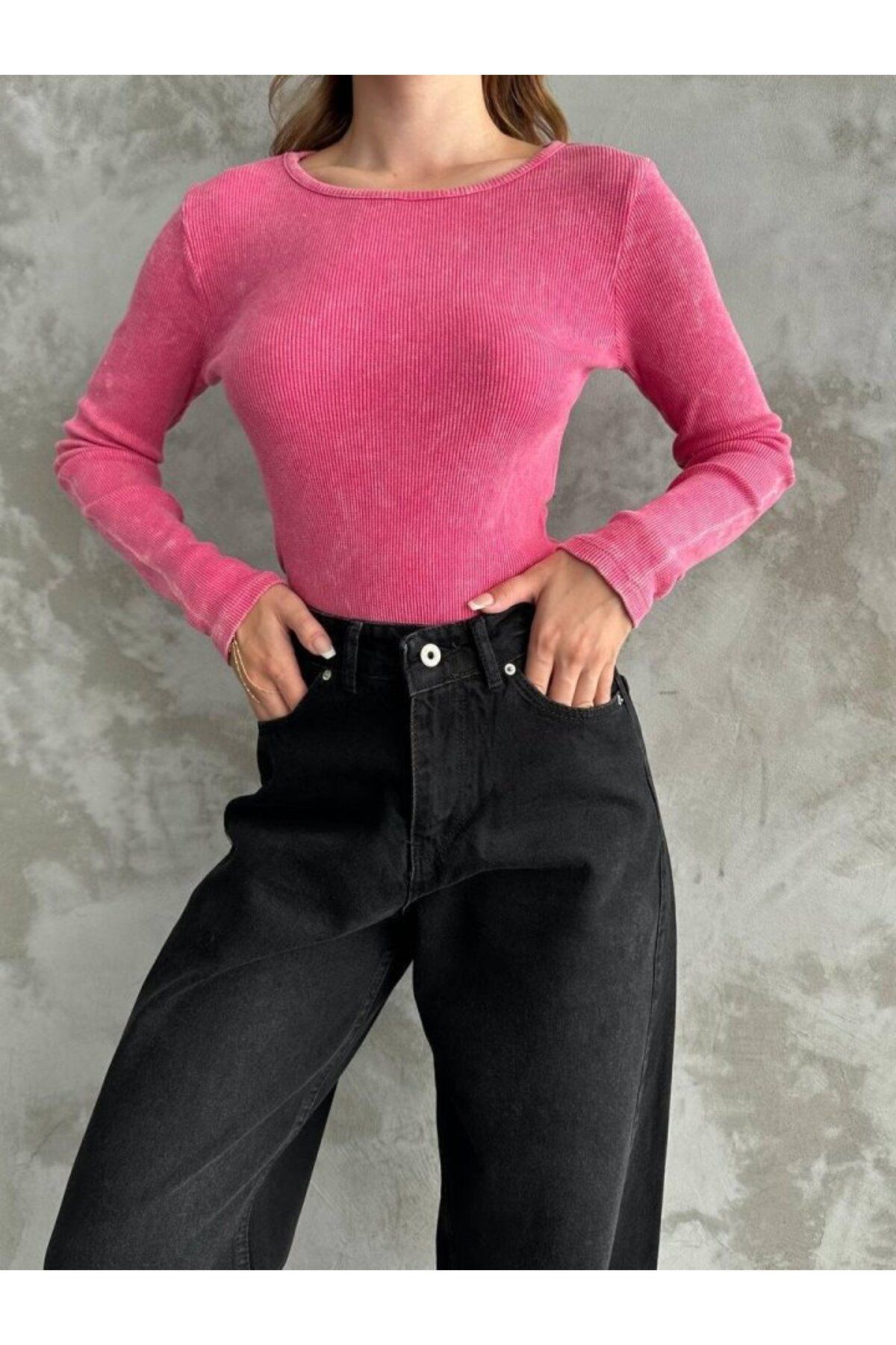 ARUZ MODA Kadın Uzun Kollu Bisiklet Yaka Asit Yıkamalı Kaşkorse Kumaş Bluz