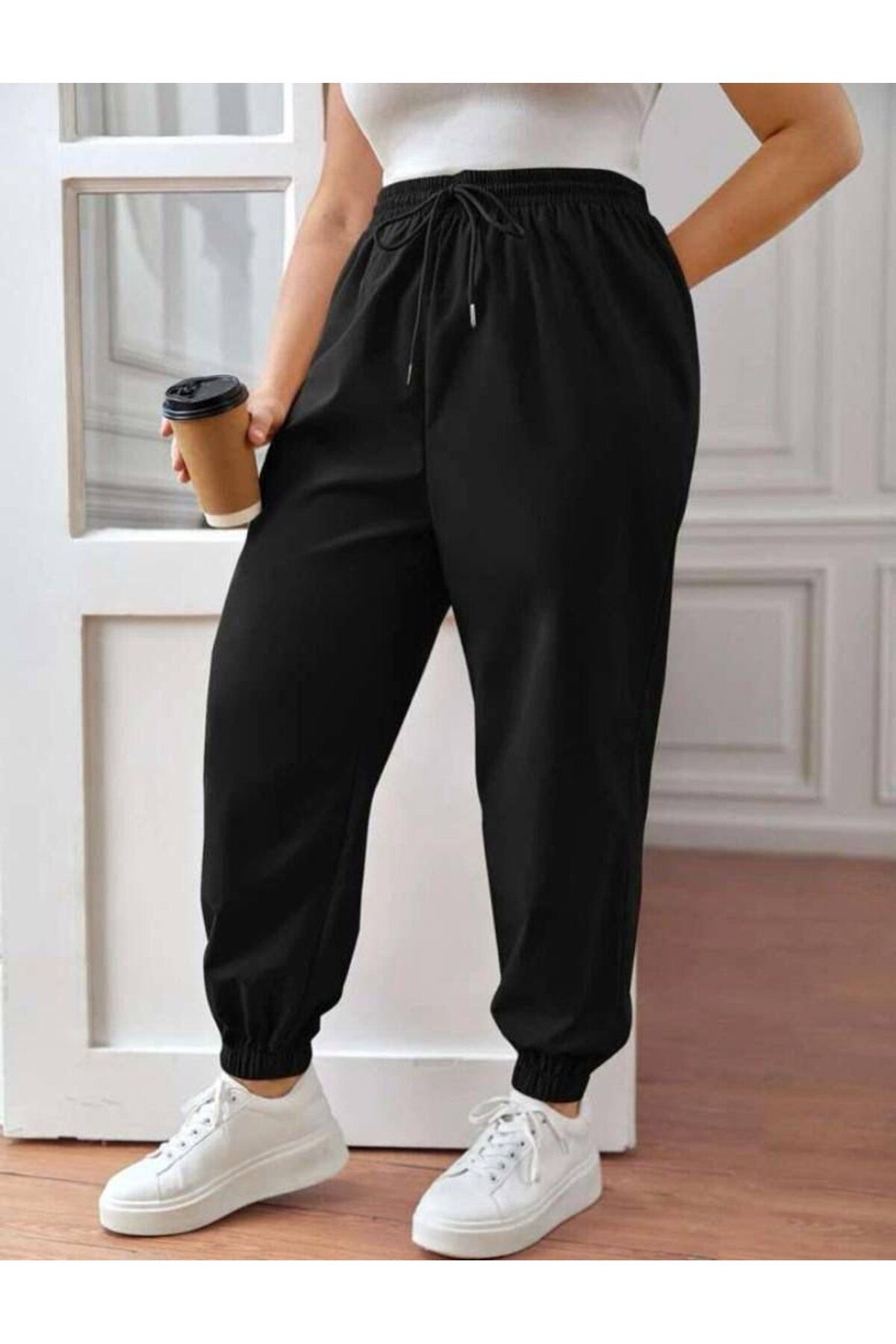 ARUZ MODA Kadın Beli Lastikli Önden Bağcıklı İki İplik Kumaş Alt Eşofman