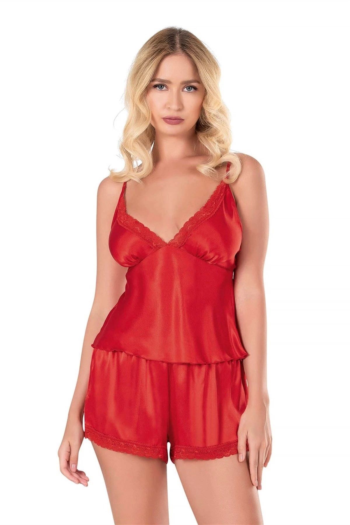 sepya Eterelle Petrol Mavi Saten Babydoll Şort Takımı