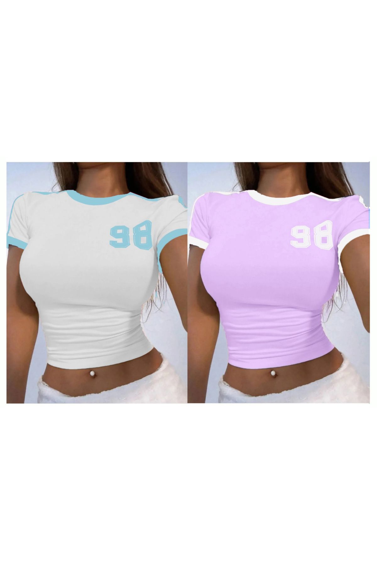 Keywest Kadın 98 Baskılı Askılı Crop Bluz 2'li Set