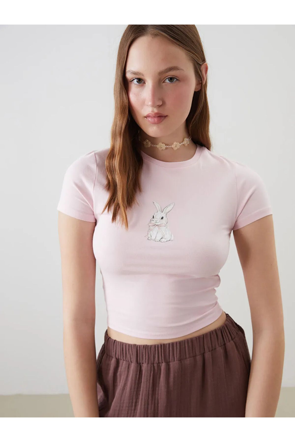 LC Waikiki XSIDE Pembe Bisiklet Yaka Tavşan Baskılı Kadın Crop