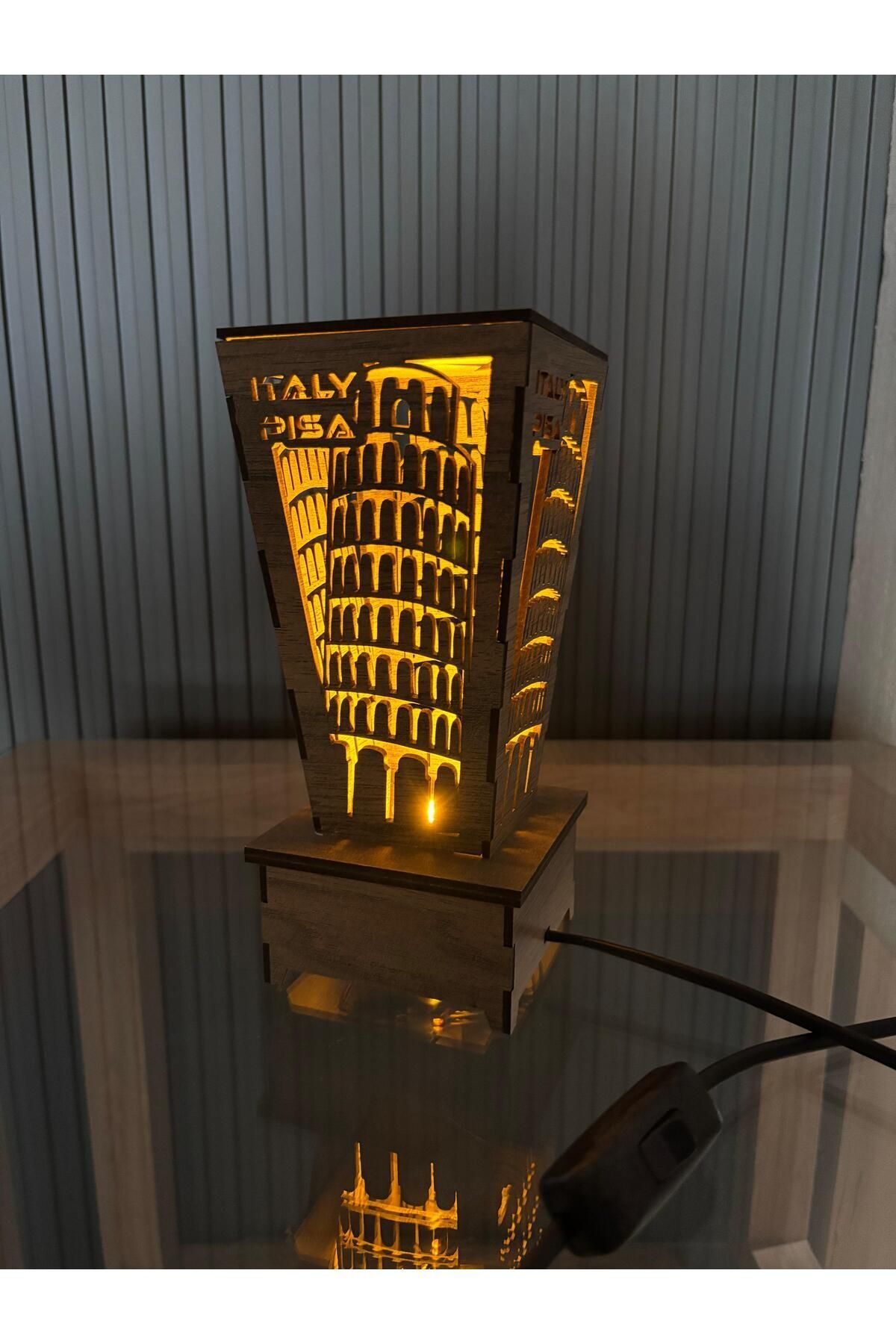 tablohouse Gece Lambası Ahşap Abajur Masa Lambası Italy Pısa Kulesi Desenleri Mobilya