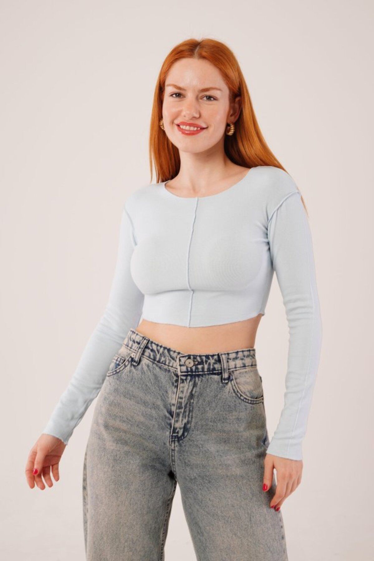 ARUZ MODA Ters Dikişli Basic Bebe Mavisi Body Bluz