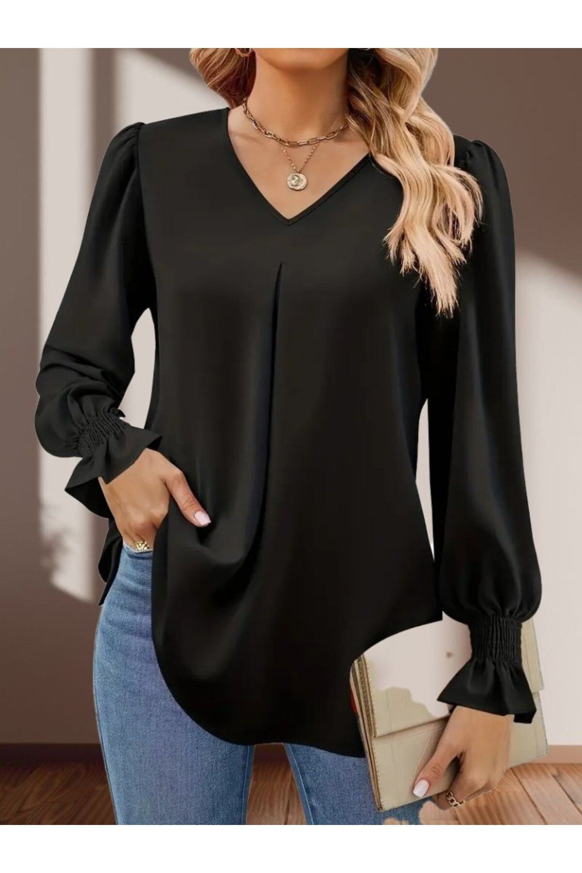 ARUZ MODA Kadın Uzun Kollu V Yakalı Sandy Bluz
