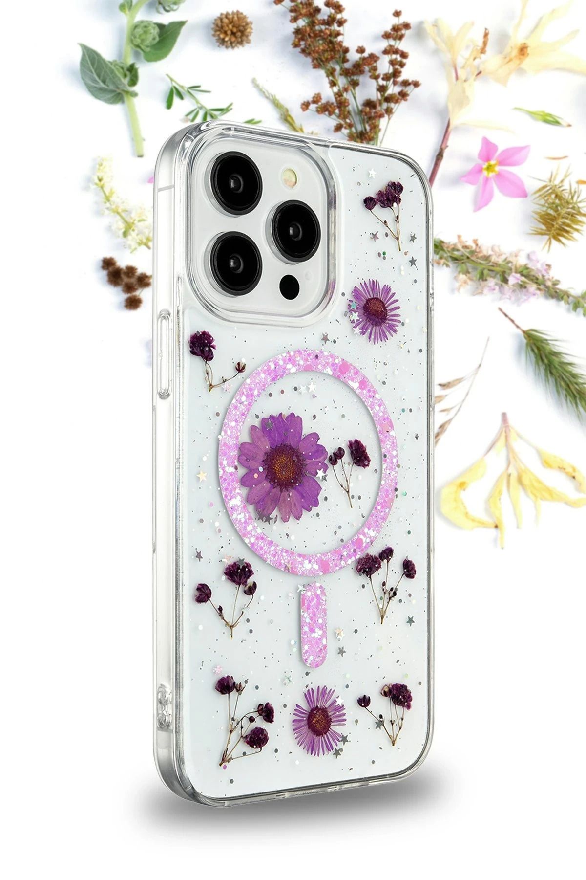 NewFace iPhone 14 Pro Max Kılıf Daisy Simli Magsafe Kapak - Gümüş BSTMY