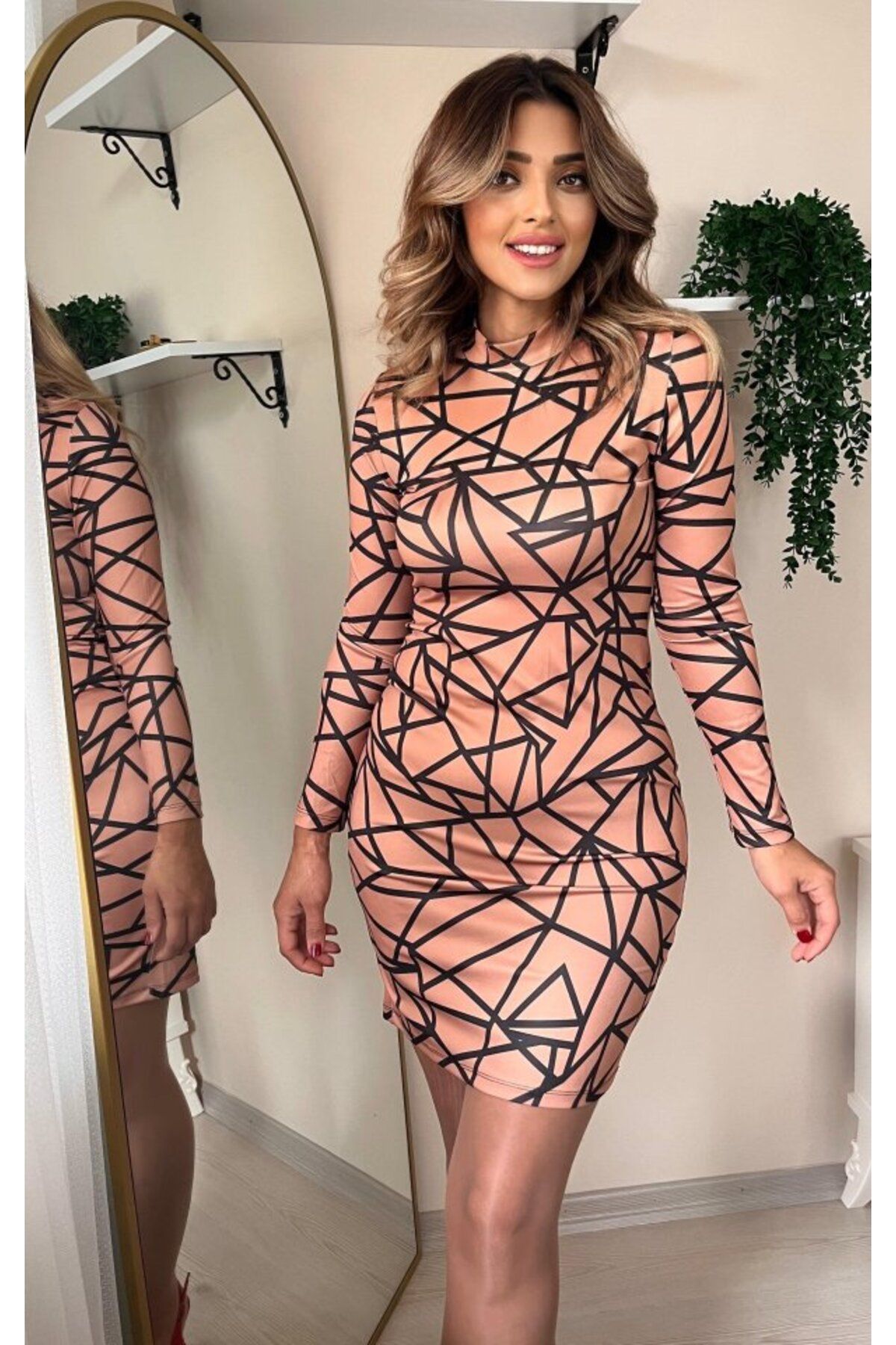 ARUZ MODA Kadın Uzun Kollu Balıkçı Yaka Desenli Dalgıç Elbise