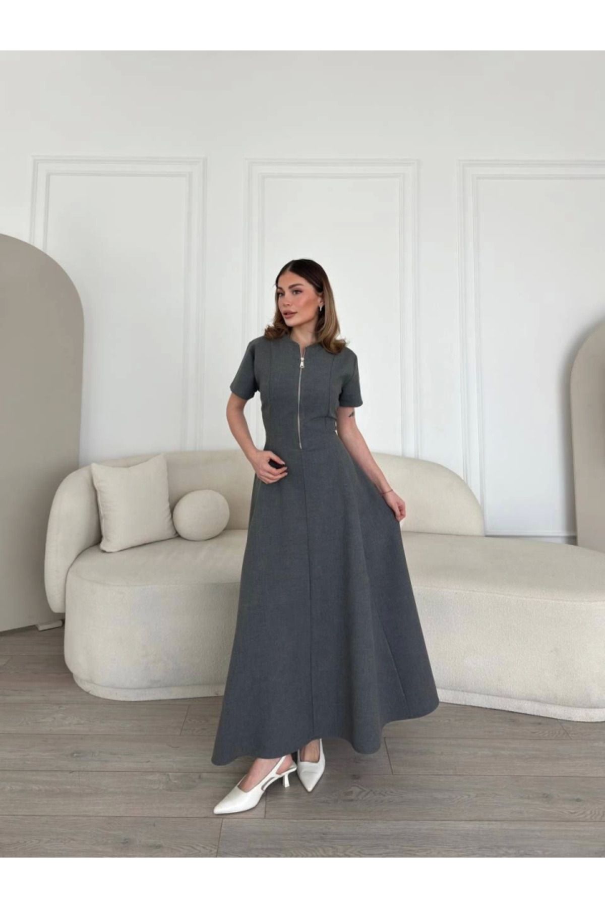 ARUZ MODA Kısa Kollu Önden Fermuarlı Çan Etekli Uzun Elbise - Antrasit