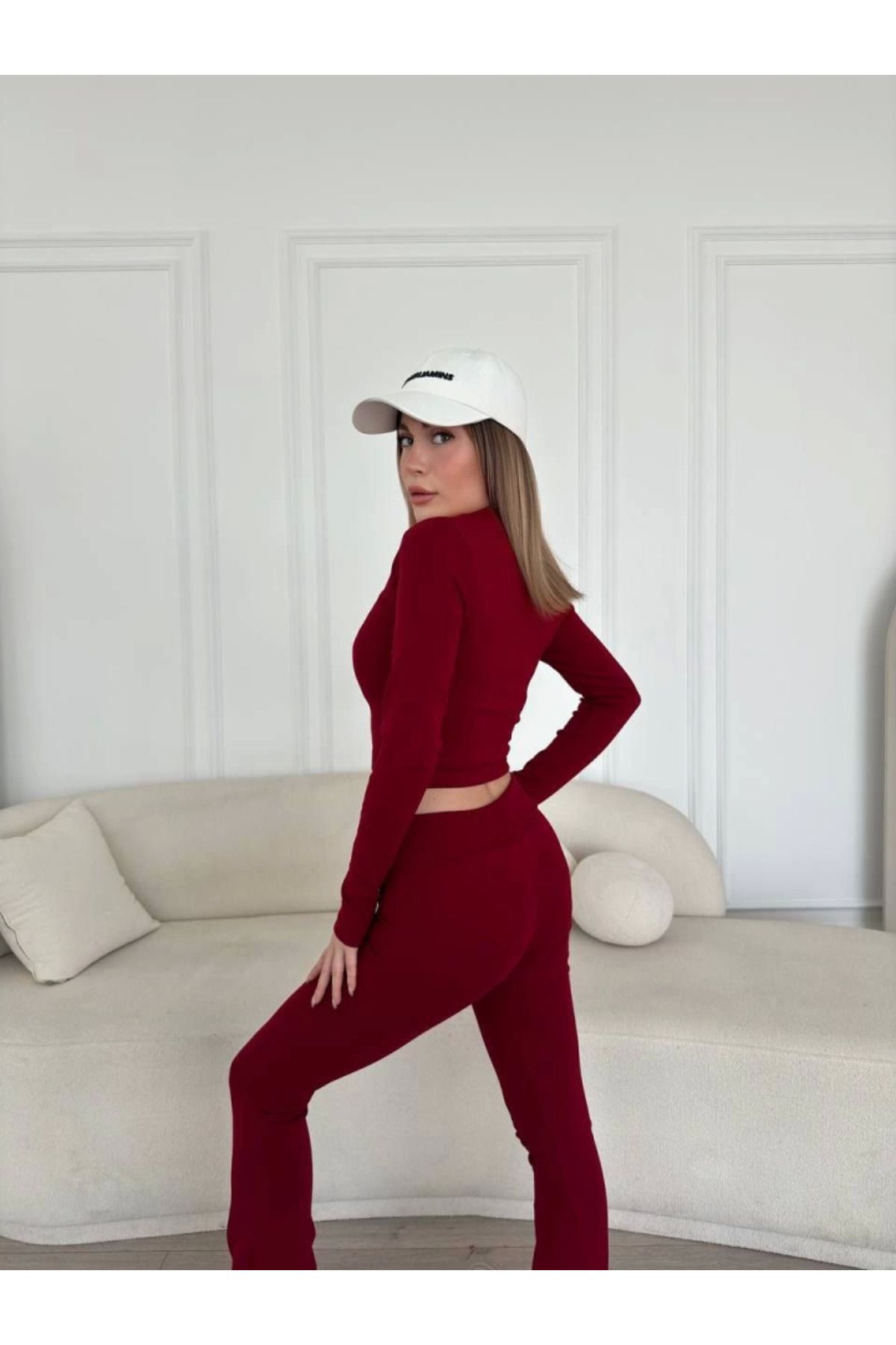 ARUZ MODA V Yaka Uzun Kollu Bluz İspanyol Paçalı Tayt İkili Takım - Bordo