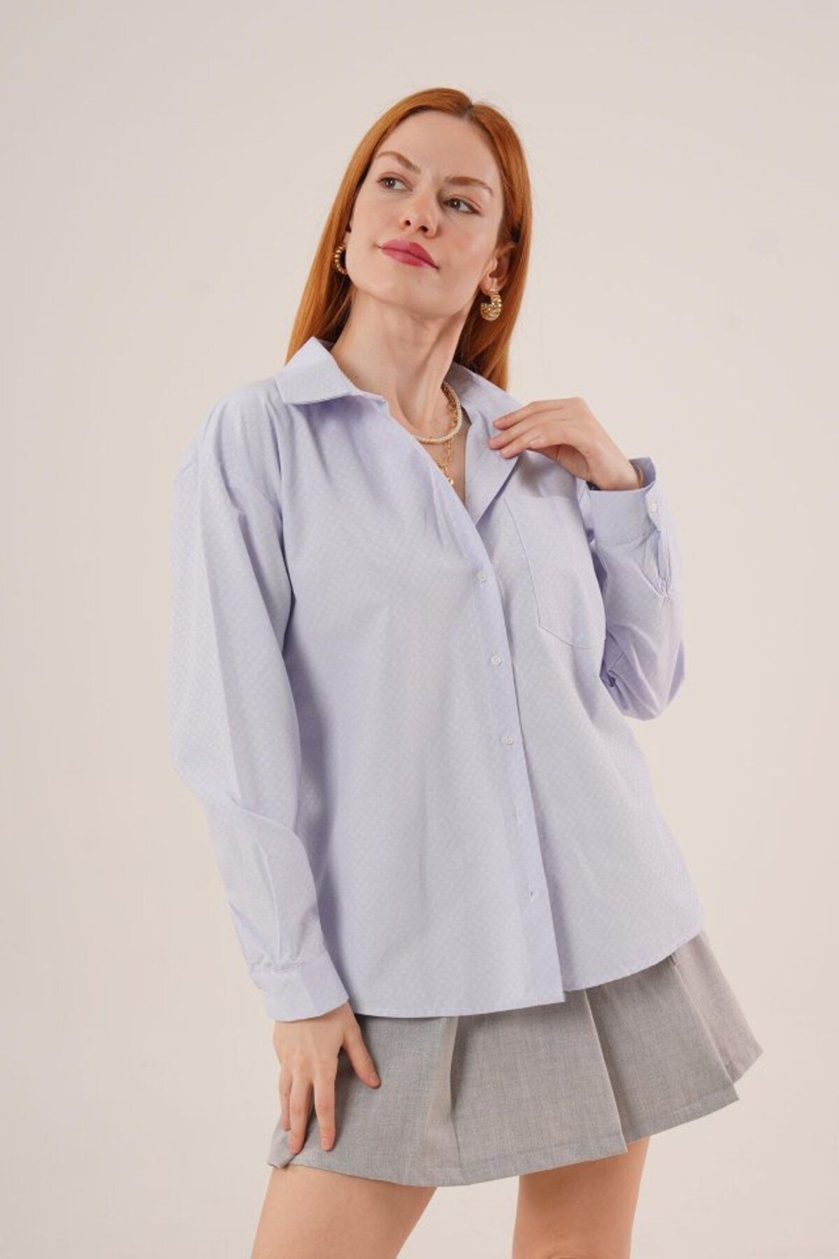 ARUZ MODA Desenli Tek Cepli Düğmeli Mavi Gömlek