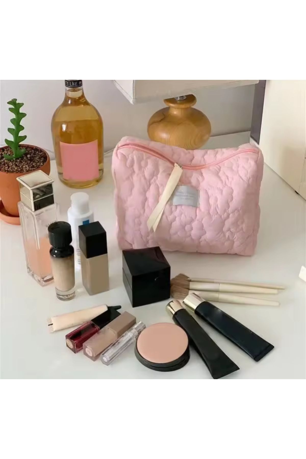 synshop Pembe Makyaj Kozmetik Seyahat Çantası Çiçekli Yumuşak Büyük Boy 27x17cm
