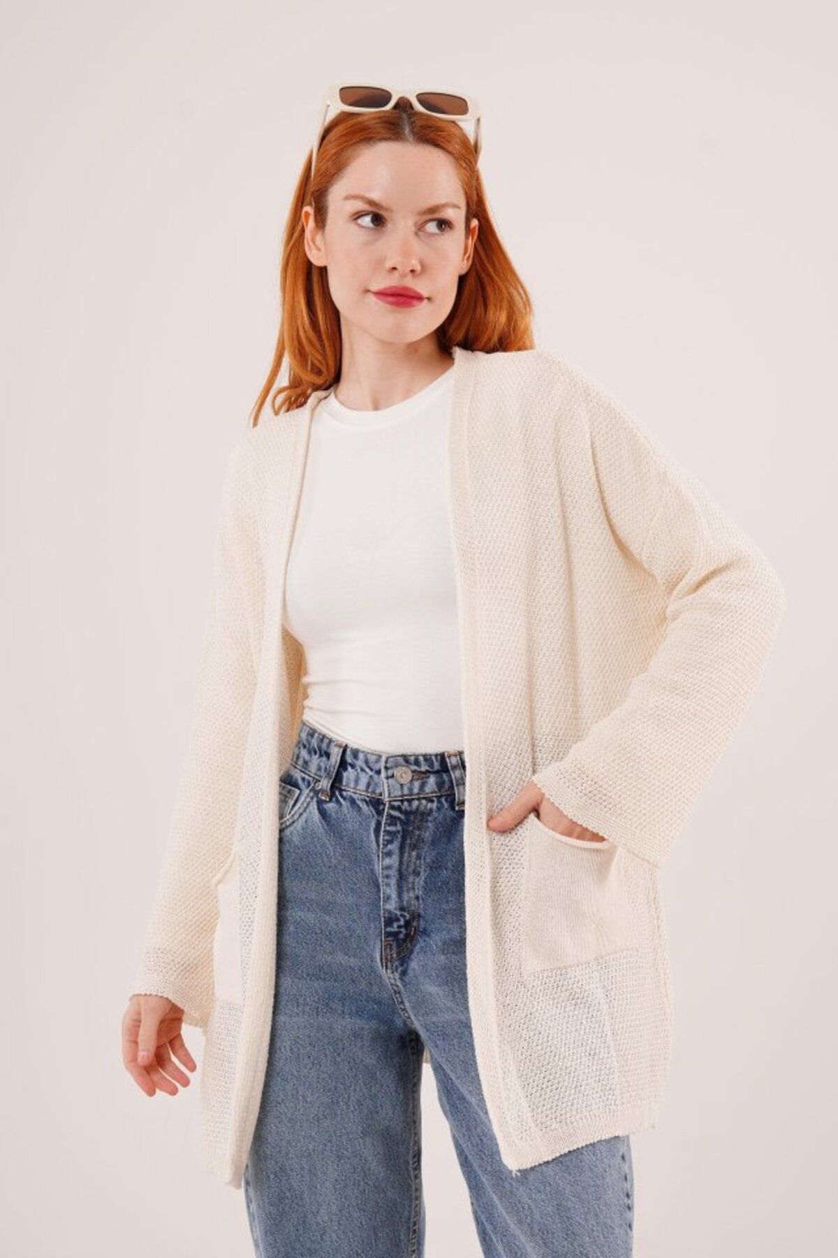 ARUZ MODA Cepli Salaş Model Triko Uzun Krem Hırka