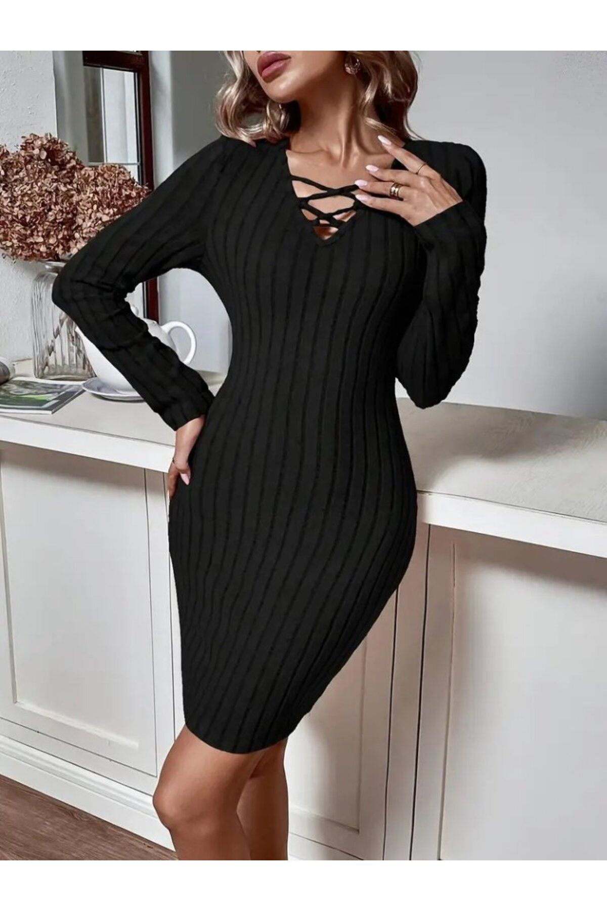 ARUZ MODA Kadın Uzun Kollu V Yakalı çapraz şerit Detaylı şardonlu Kaşkorse Midi Elbise