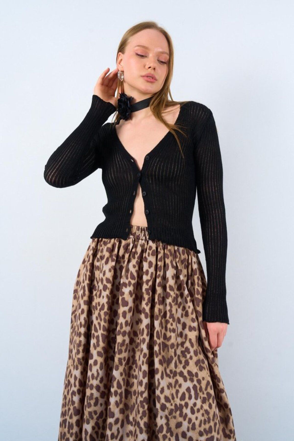 ARUZ MODA İnce Fitilli Hırka - Siyah