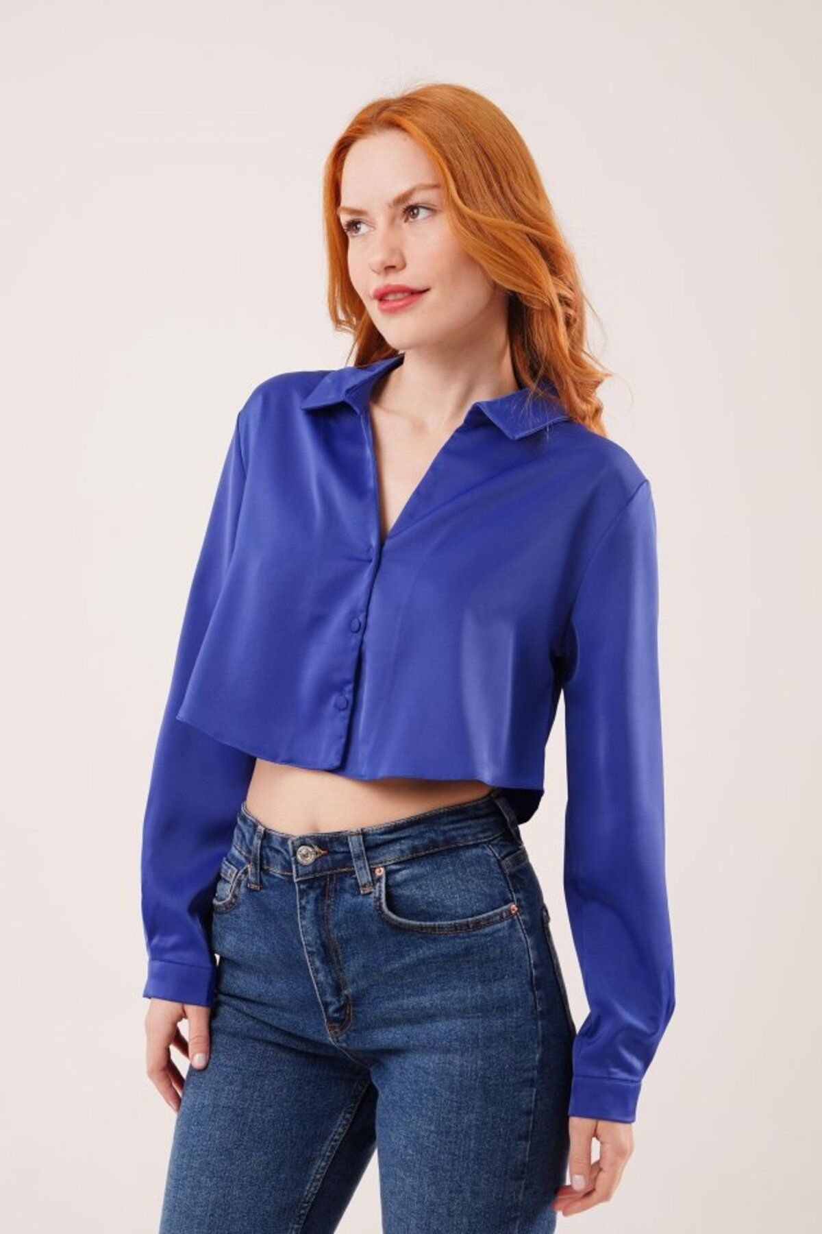 ARUZ MODA Saten Crop Model Lacivert Gömlek
