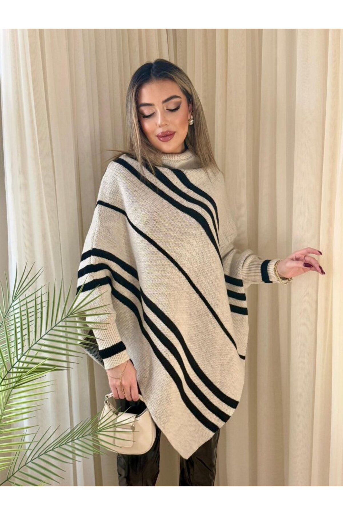 ARUZ MODA Kadın Uzun Yarasa Kollu Yüksek Boyunlu Asimetrik Kesim Triko Pelerin Kazak