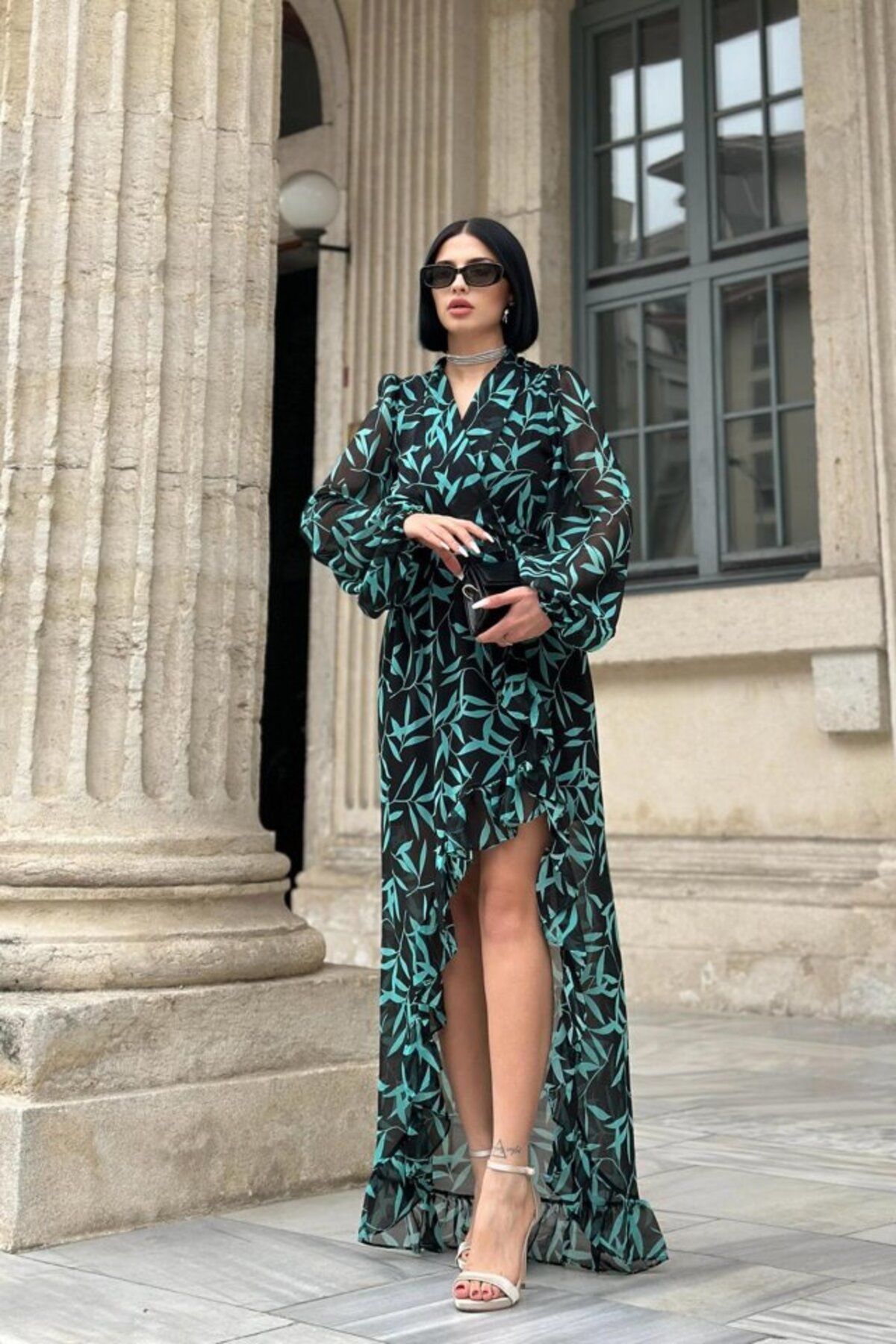 ARUZ MODA Desenli Desenli Fırfırlı Elbise