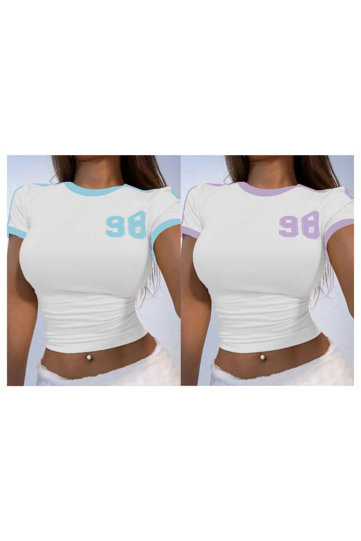 Machetta Kadın 98 Baskılı Askılı Crop Bluz 2'li Set