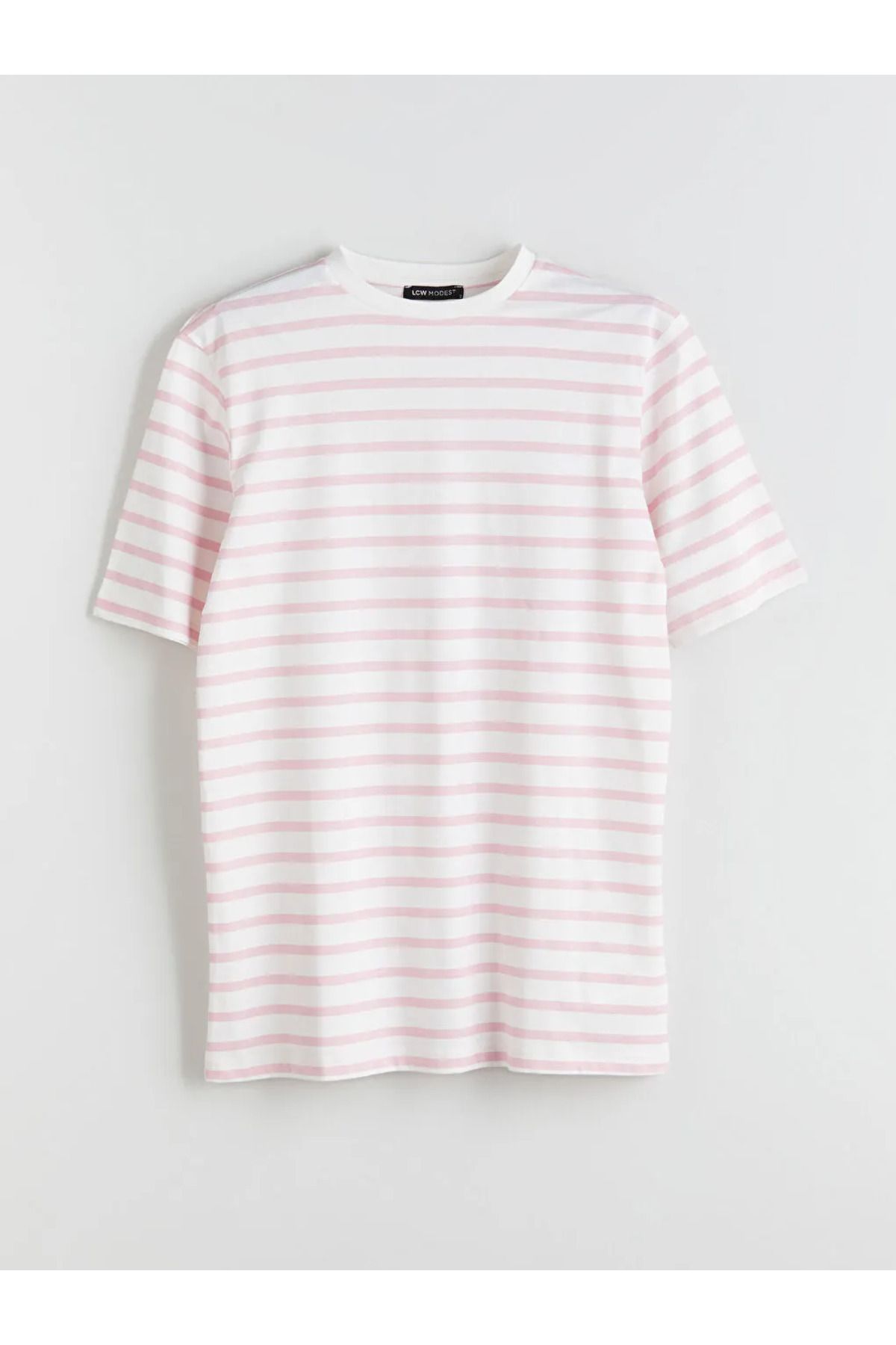 LC Waikiki LCW Modest Pembe Bisiklet Yaka Çizgili Kadın Tişört