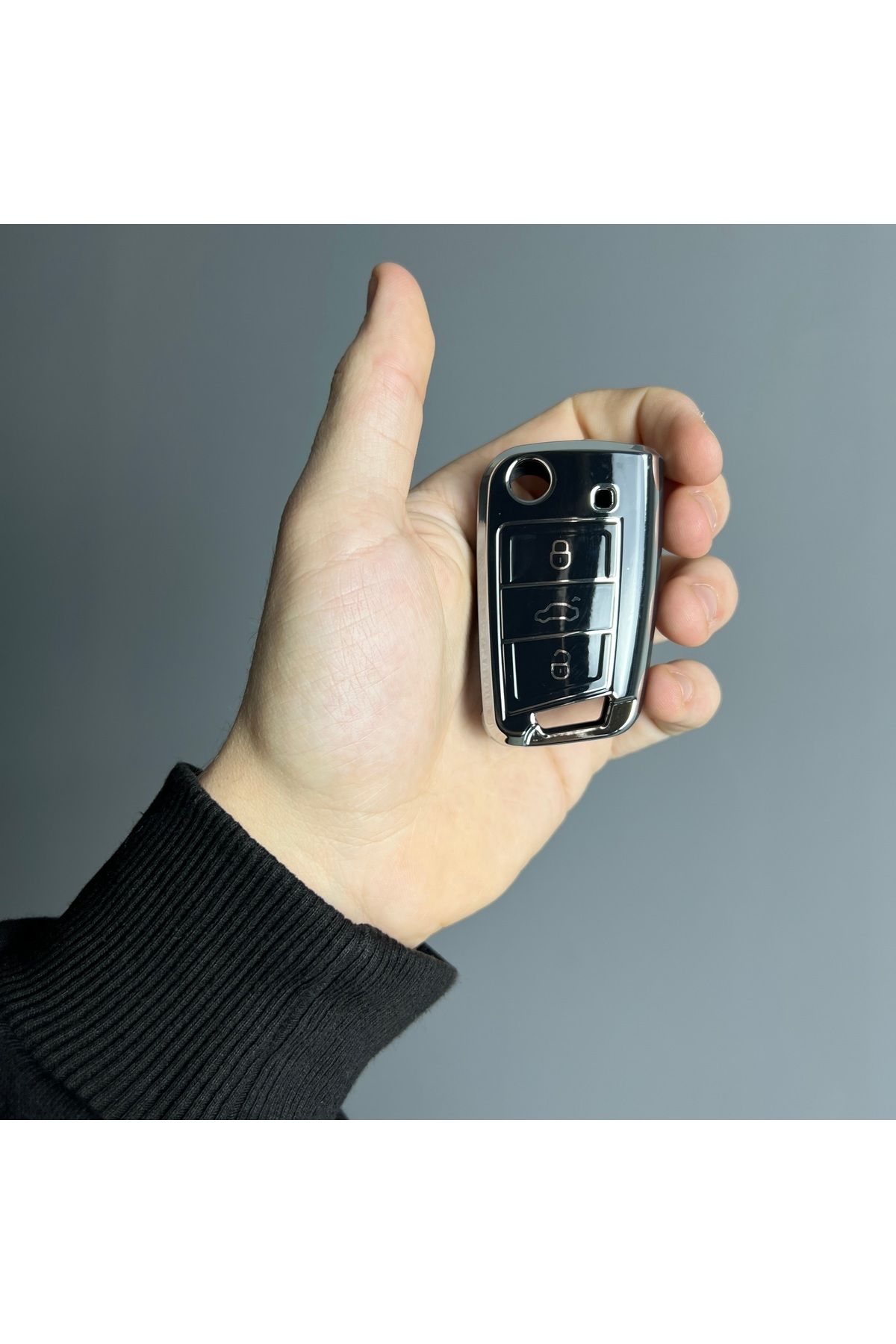 Luxe Aksesuarr Volkswagen- Skoda- Seat MQB 3 Buton Koruma Anahtar Kumanda Silikon Nano Kılıf Siyah Gümüş