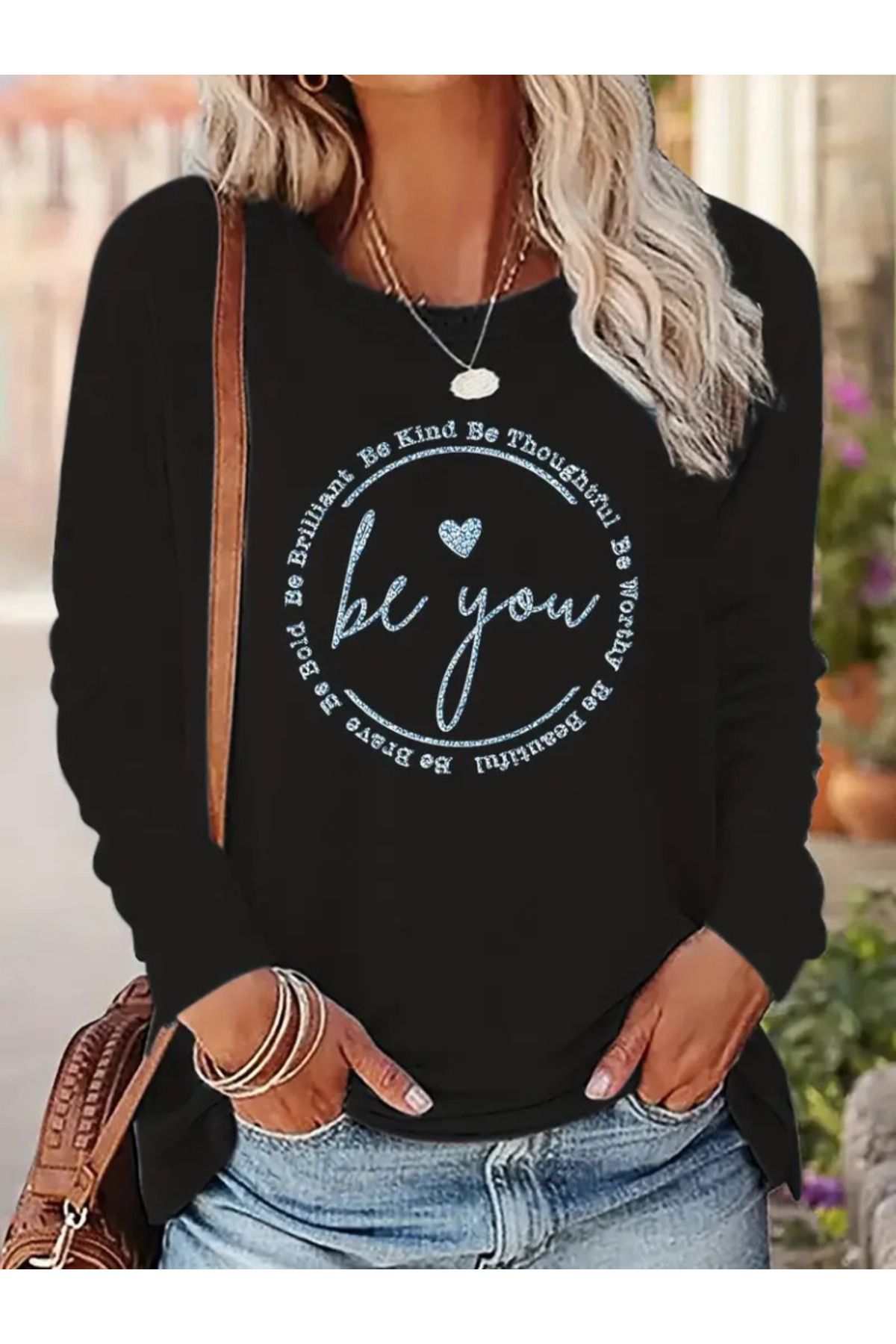 ARUZ MODA Kadın Uzun Kollu Bisiklet Yakabe Youdesenli Viskon Bluz