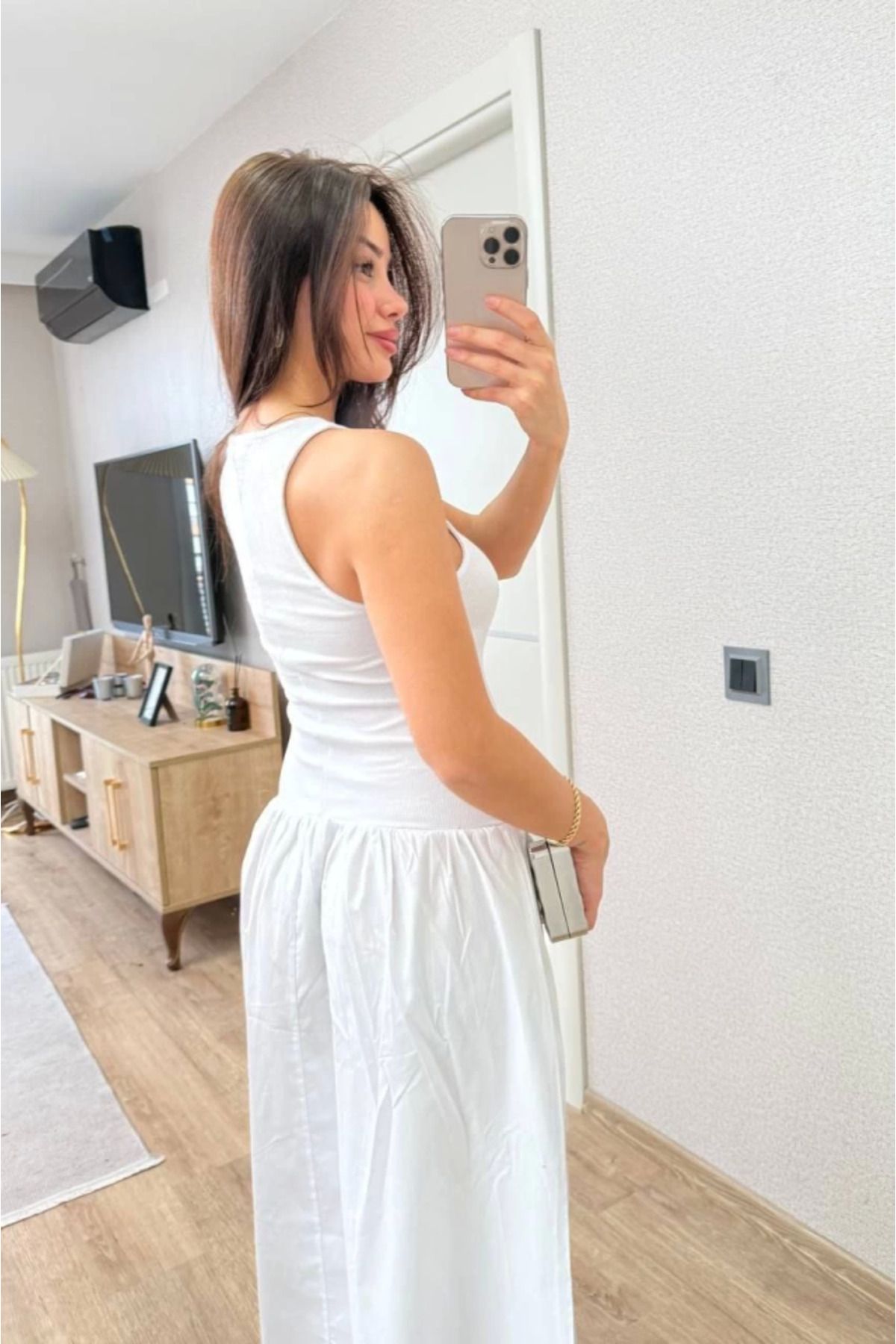 ARUZ MODA Kolsuz Uzun Elbise - Beyaz