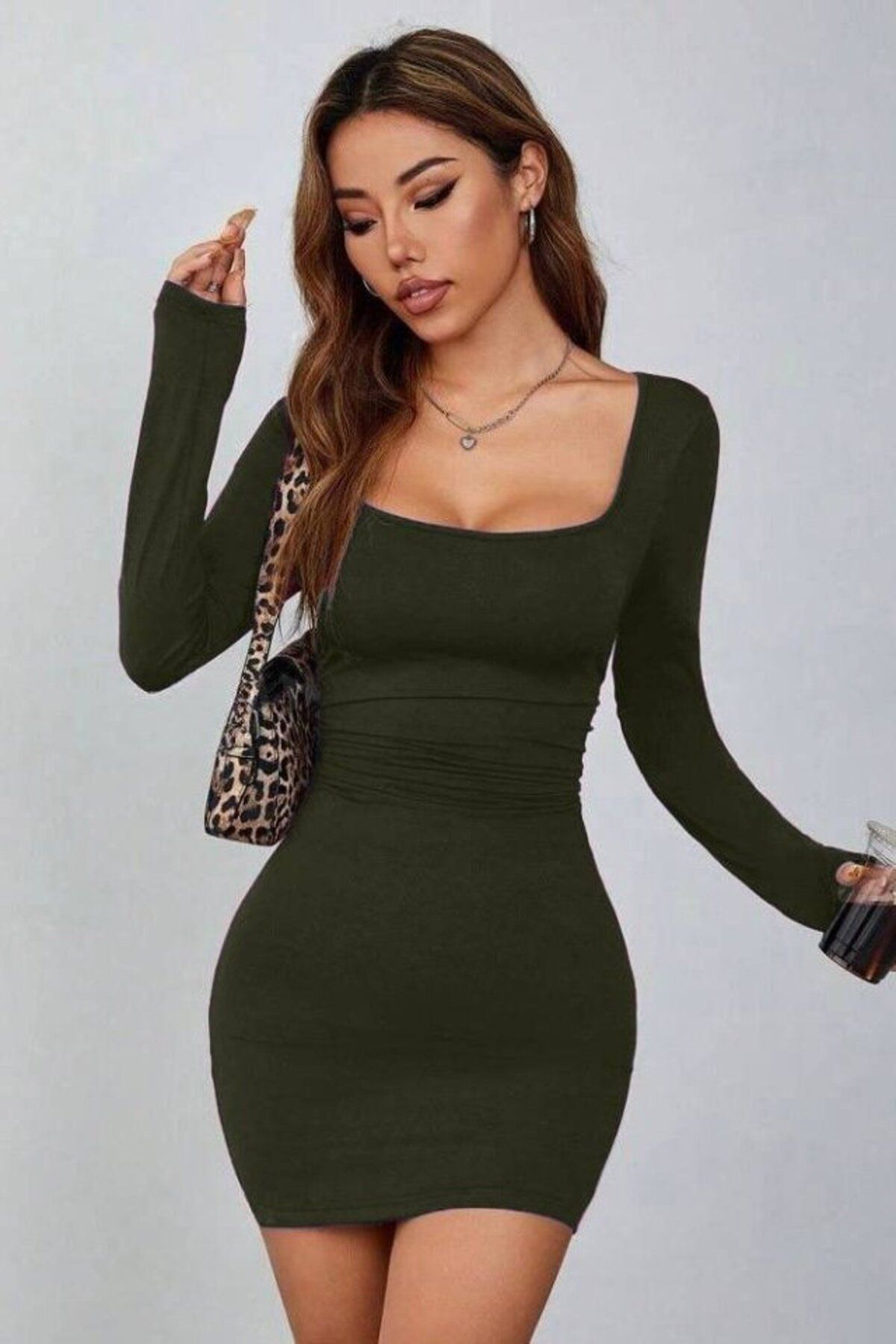 ARUZ MODA Kadın Uzun Kollu Kare Yaka Iç Göstermeyen Mini Elbise