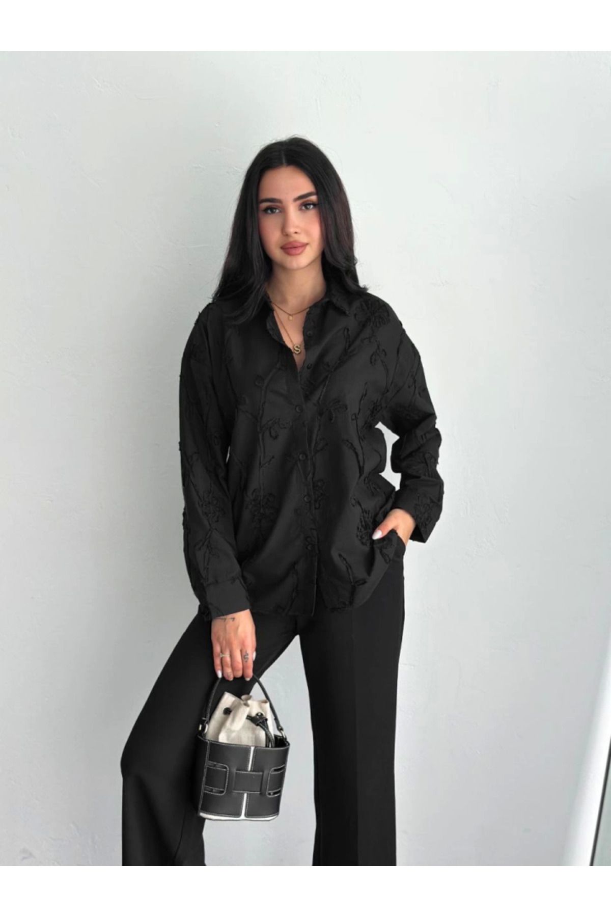 ARUZ MODA Nakışlı Uzun Kollu Gömlek - Siyah