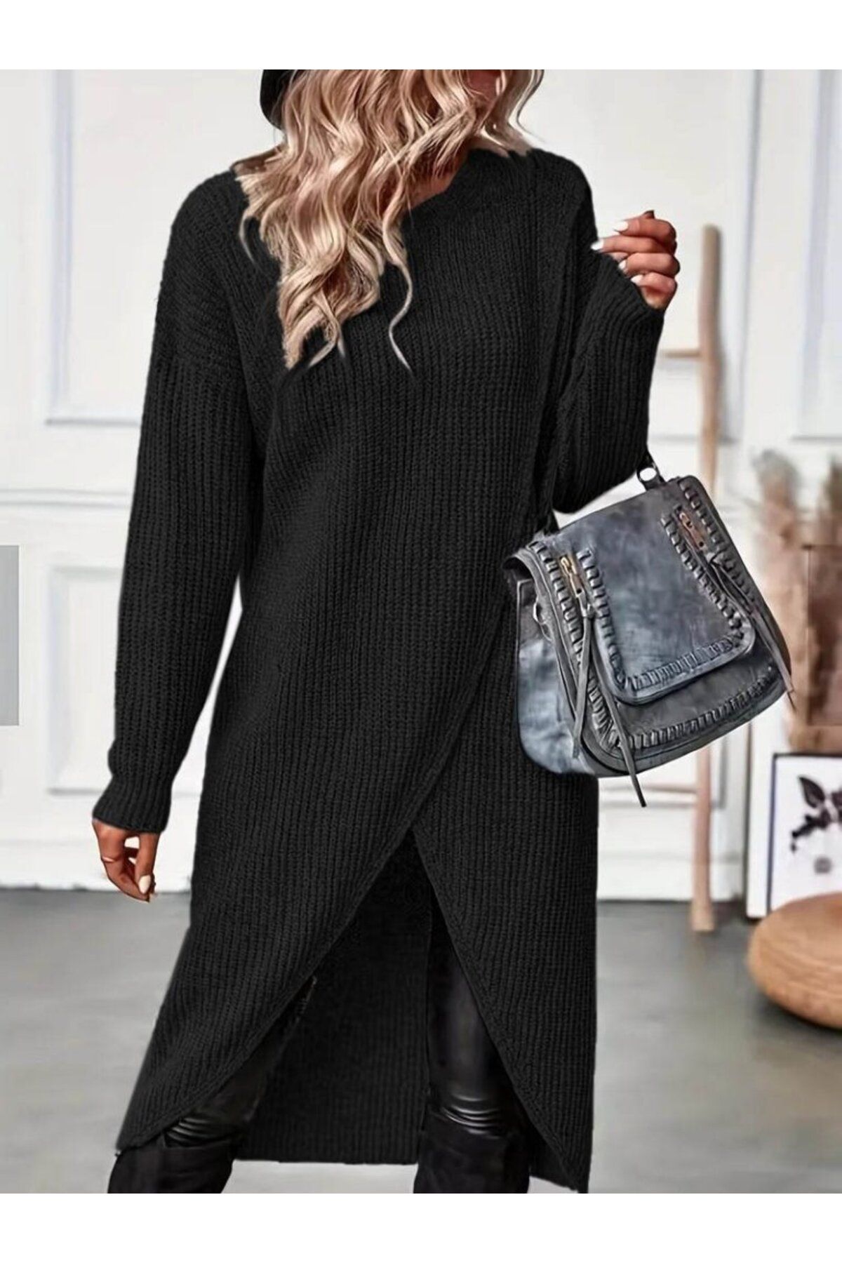 ARUZ MODA Kadın Uzun Kollu Bisiklet Yakalı önden çapraz Kesim Detaylı Midi Triko Elbise