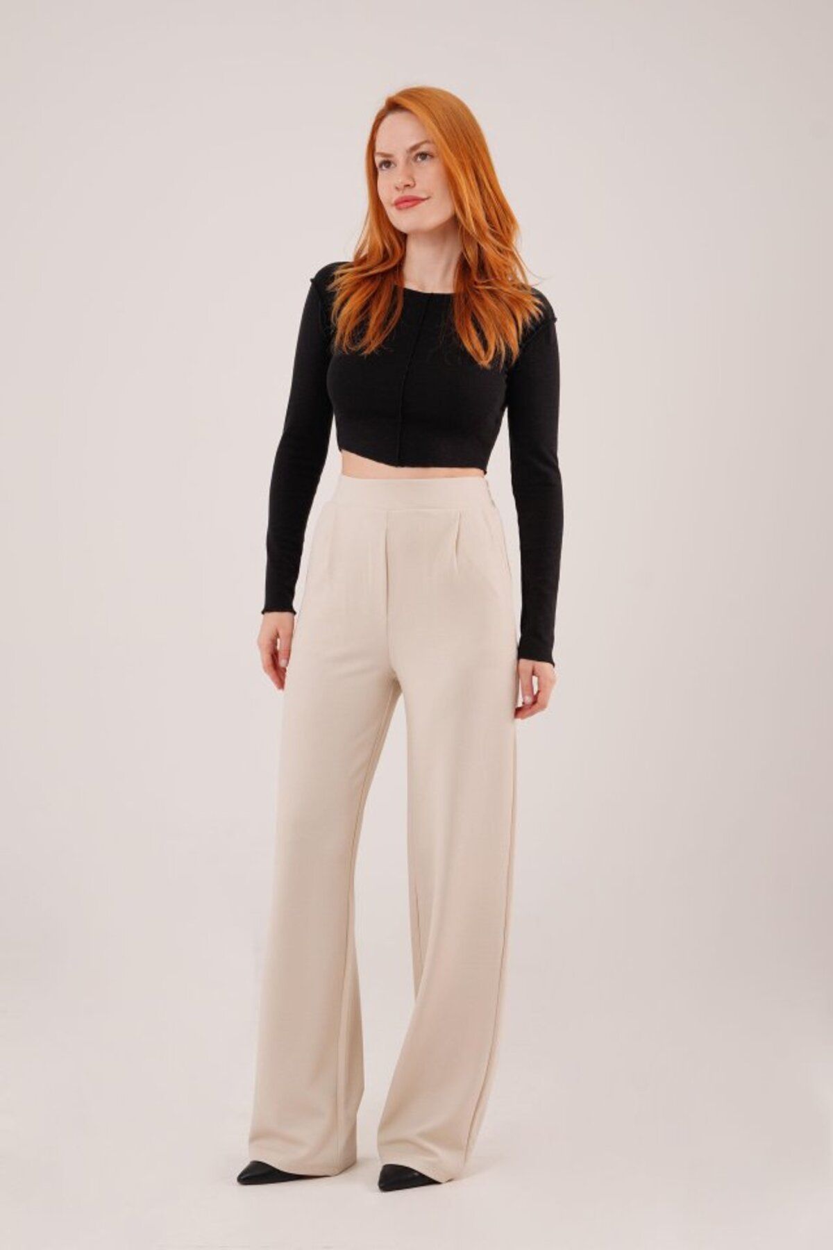 ARUZ MODA Yüksek Bel Bol Paça Krep Krem Pantolon  M/38