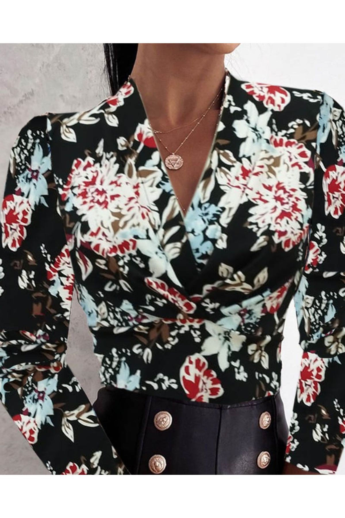 ARUZ MODA Kadın Uzun Kollu Kruvaze Yakalı Kelebek Desenli şardonlu Dalgıç Bluz