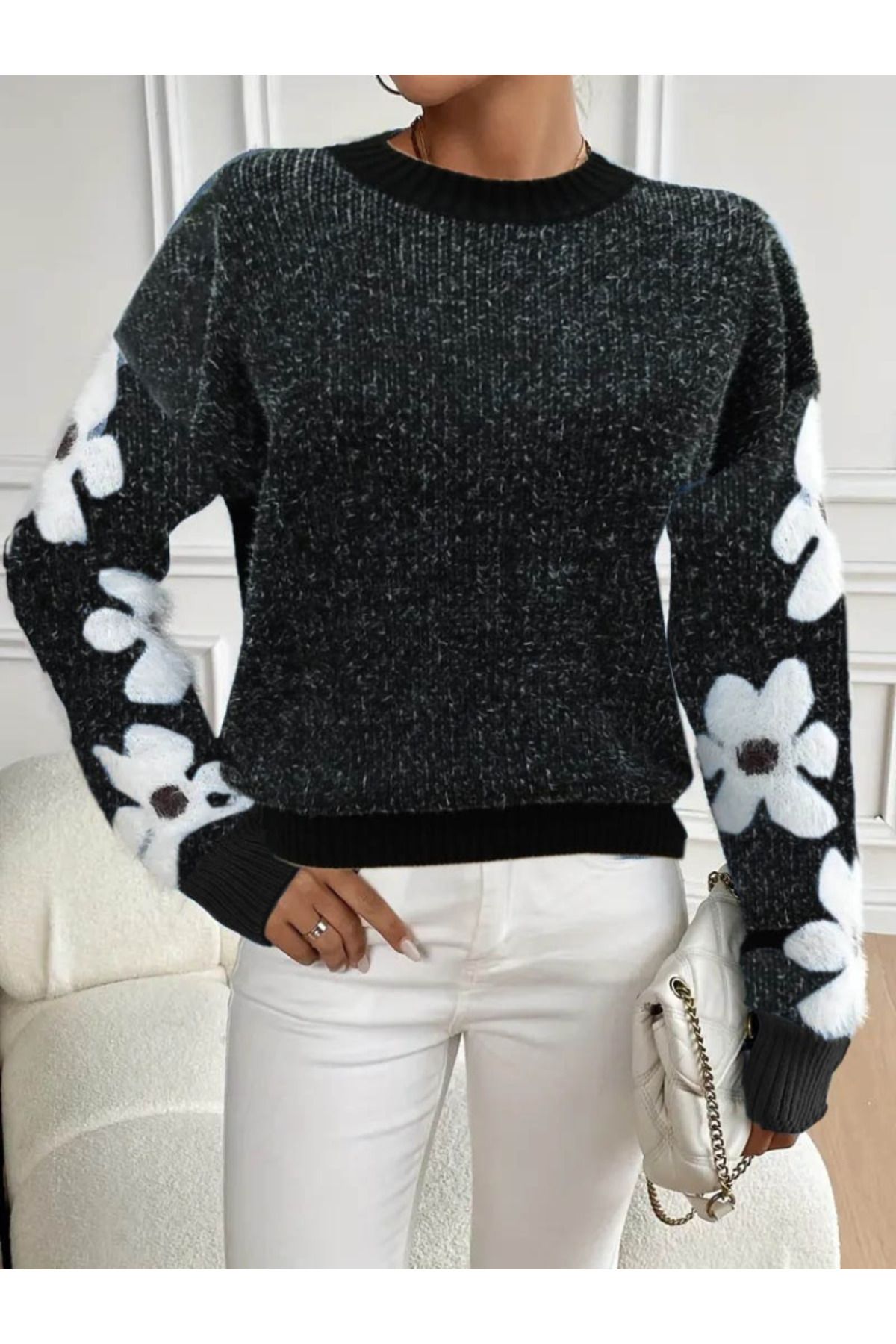 ARUZ MODA Kadın Uzun Kollu Bisiklet Yaka çiçek Desenli Triko Bluz