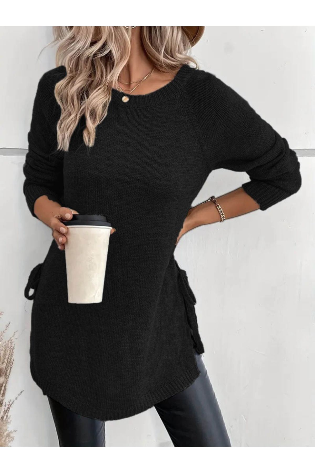 ARUZ MODA Kadın Uzun Kollu Yuvarlak Yakalı Yanlardan Bağcıklı Triko Bluz