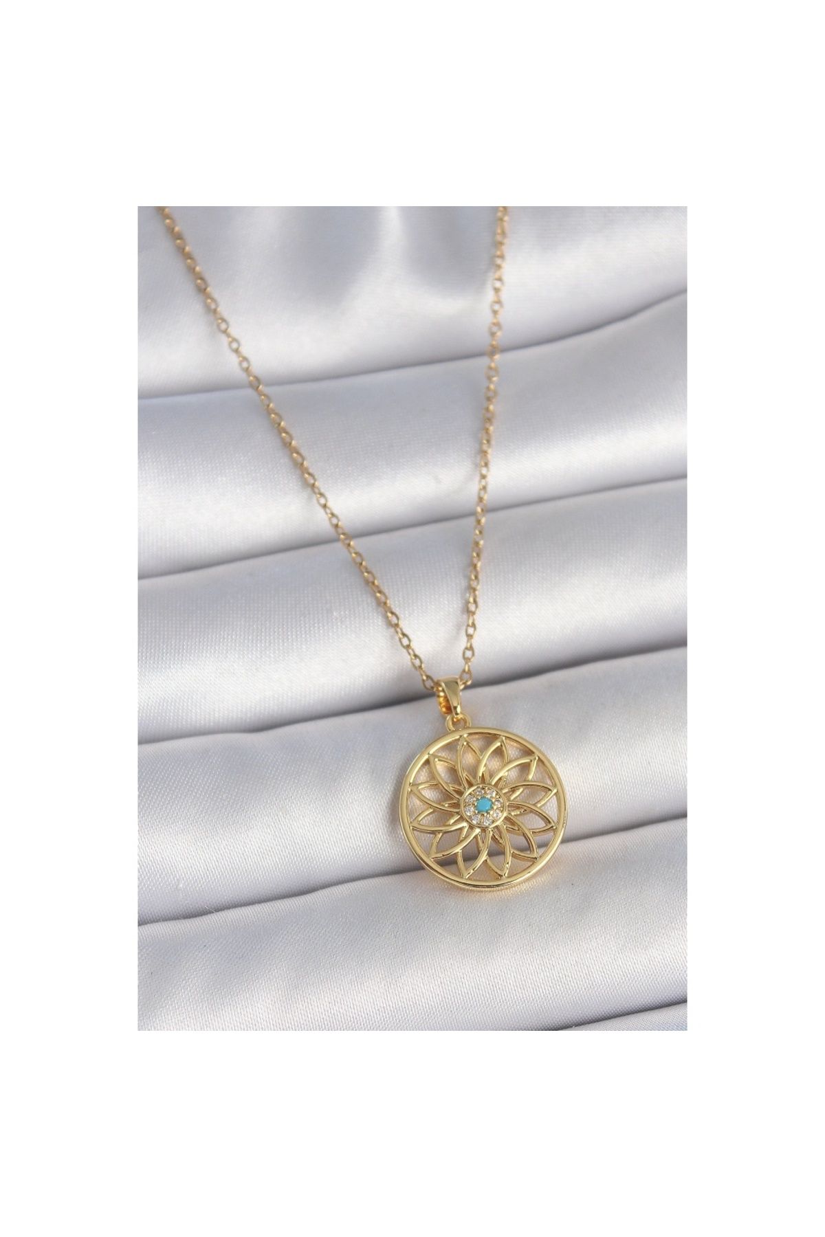 Findit 316L Çelik Gold Renk Zincr Mavi Taşlı Lotus Model Kadın Kolye