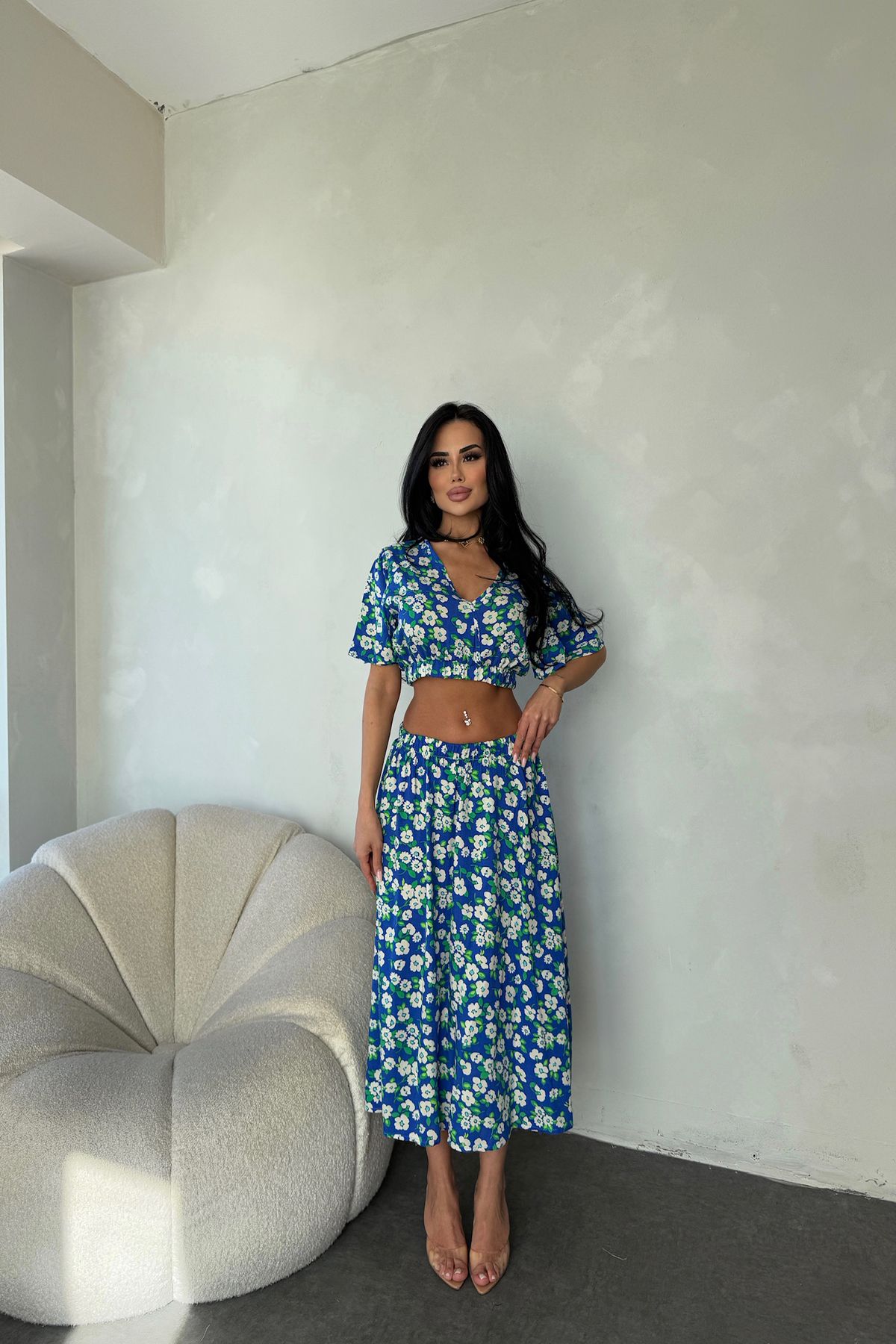 kamacibutik V Yaka Çiçek Desenli İkli Takım Elbise