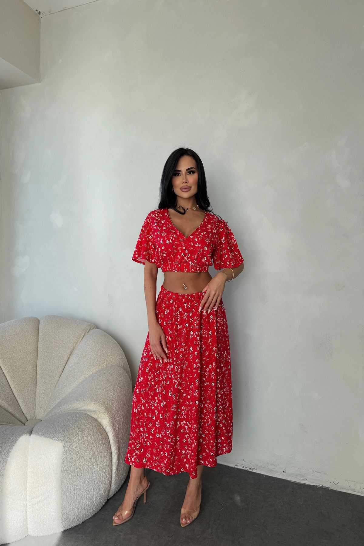 kamacibutik V Yaka Çiçek Desenli İkli Takım Elbise
