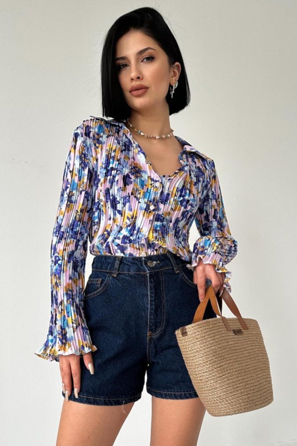 ARUZ MODA Lila Piliseli Çiçek Desen Gömlek