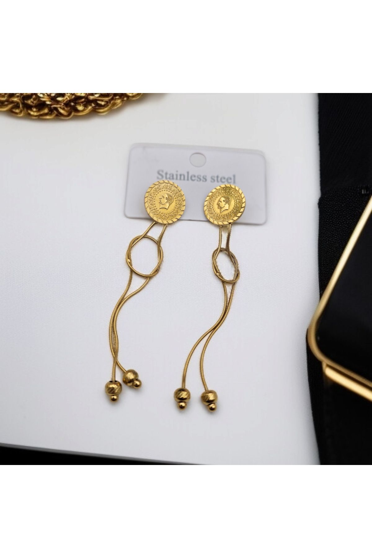Meyra Accessories Kadın çelik küpe kararmaz paslanmaz altın desenli uzun zincirli gold küpe lüx a kalite