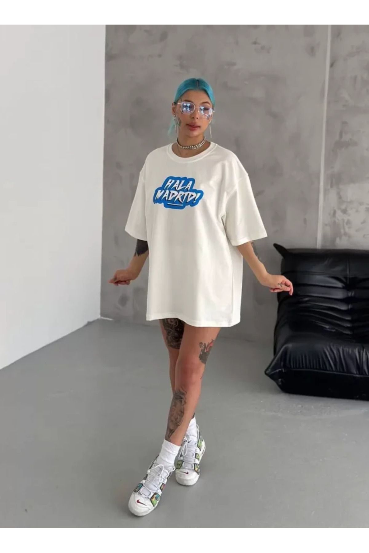 ARUZ MODA Unisex Bisiklet Yaka Baskılı Oversize T-Shirt - Beyaz