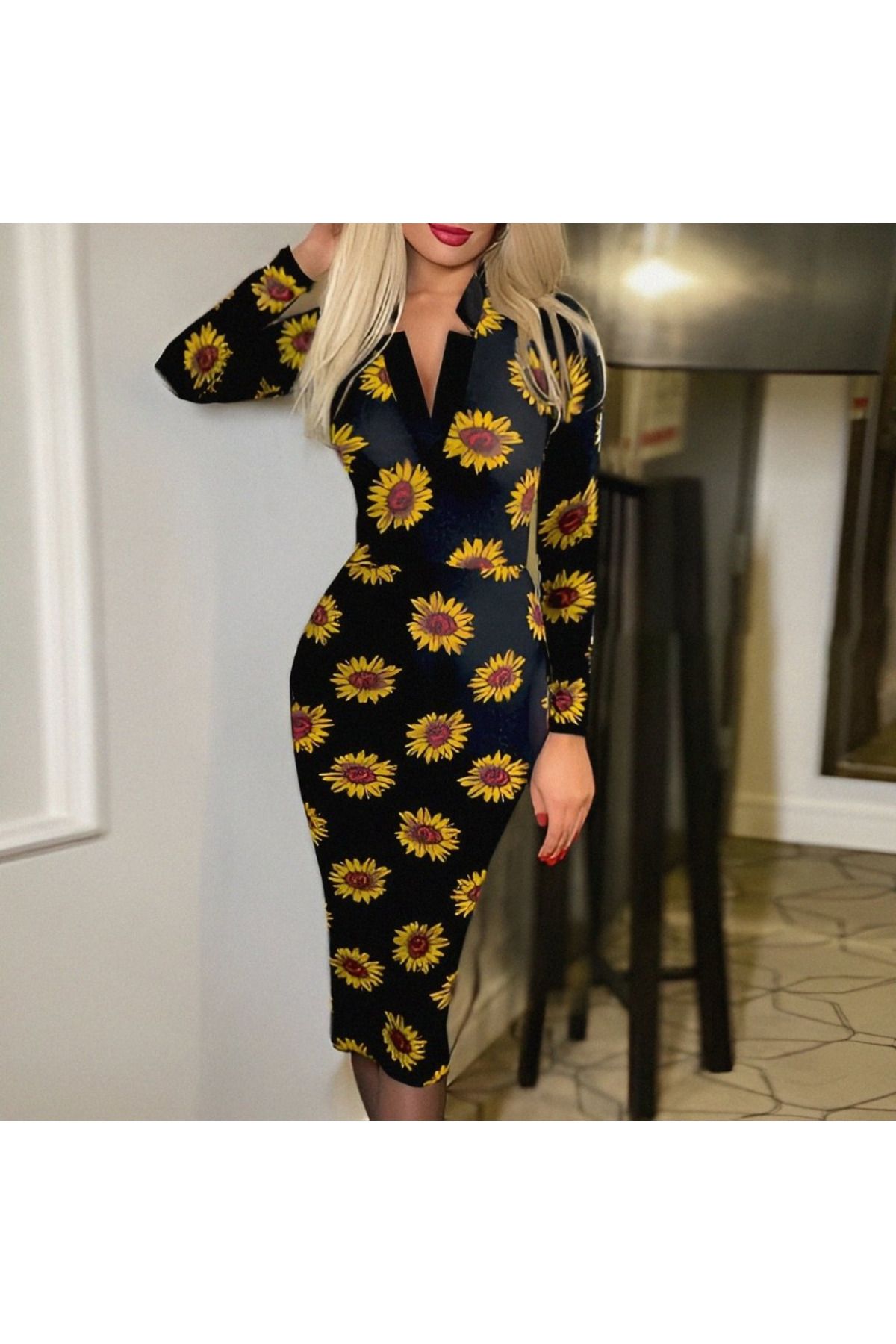 ARUZ MODA Kadın Uzun Kollu V Yaka Puantiyeli Krep Midi Boy Elbise