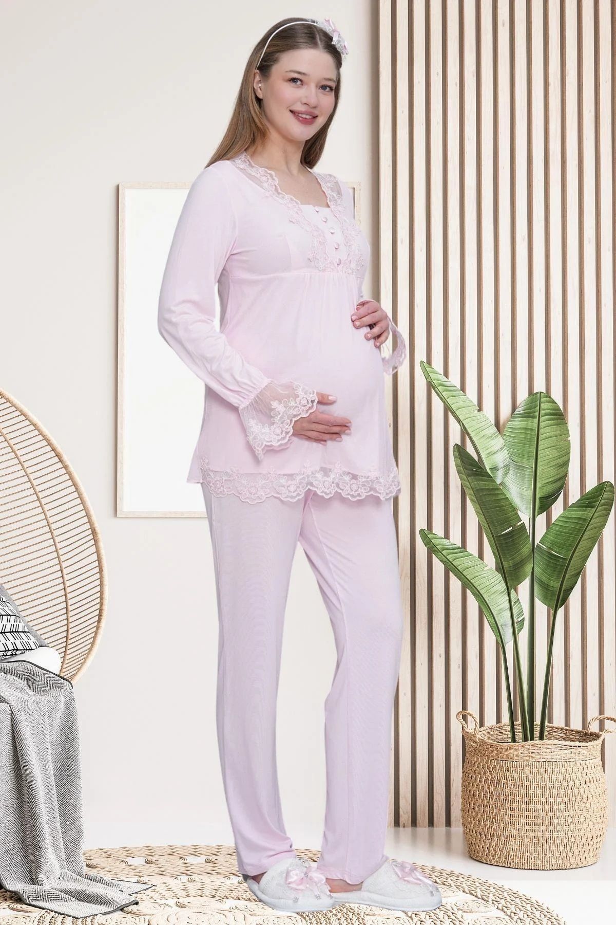 Mecit Pijama Kadın Uzun Kollu Dantel(Güpür)Detaylı Hamile Lohusa Pijama Takımı %75 Pamuk %25 Viskon