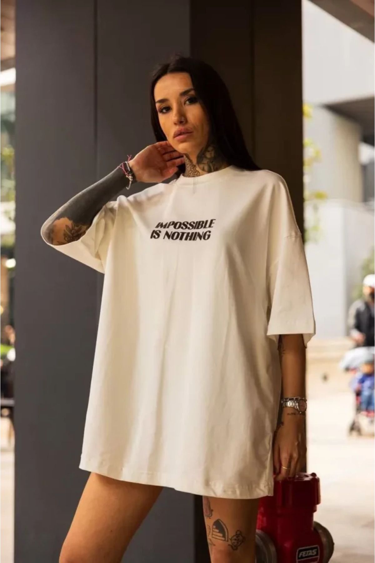ARUZ MODA Unisex Bisiklet Yaka Baskılı Oversize T-Shirt - Beyaz