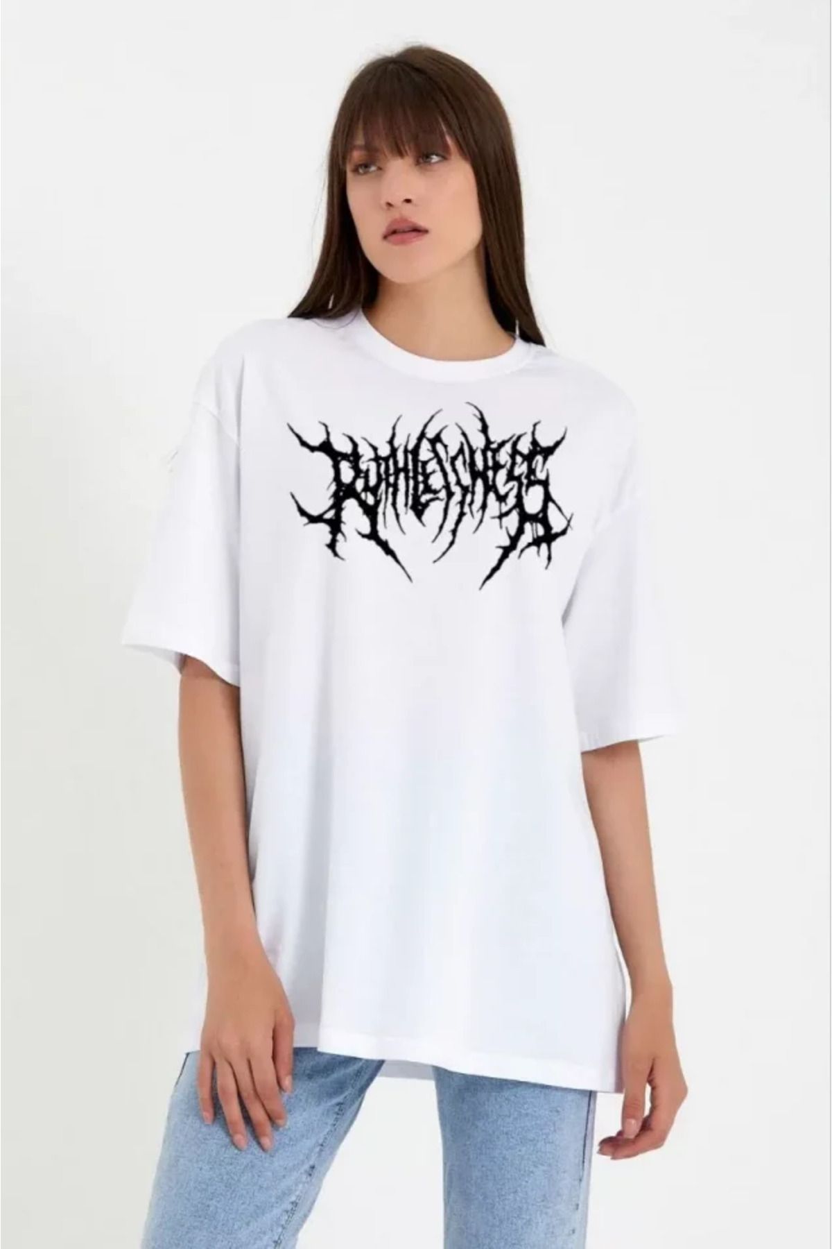ARUZ MODA Unisex Bisiklet Yaka Baskılı Oversize T-Shirt - Beyaz