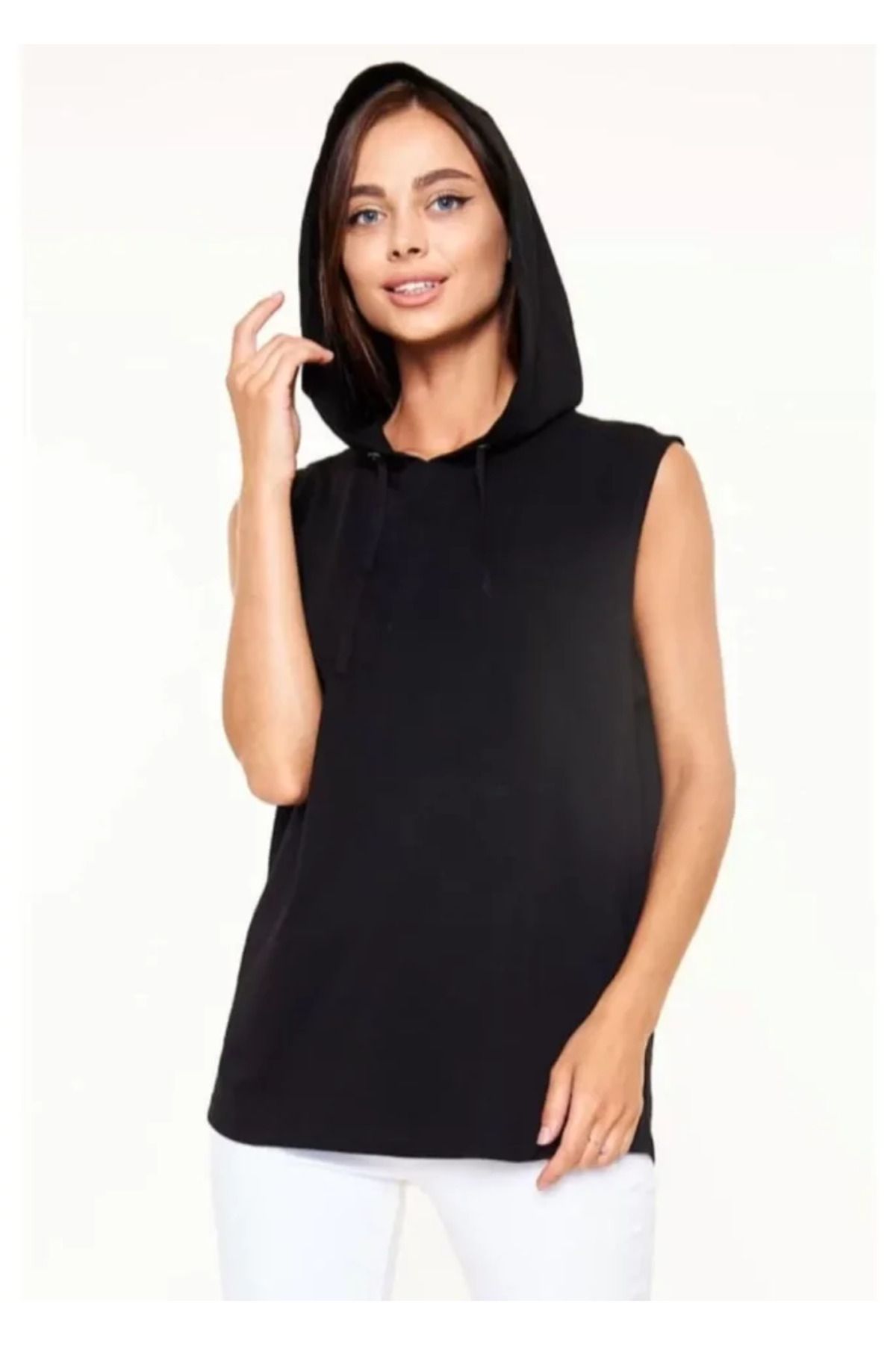 ARUZ MODA Unisex Kapşonlu Kolsuz Düz Oversize T-shirt - Siyah