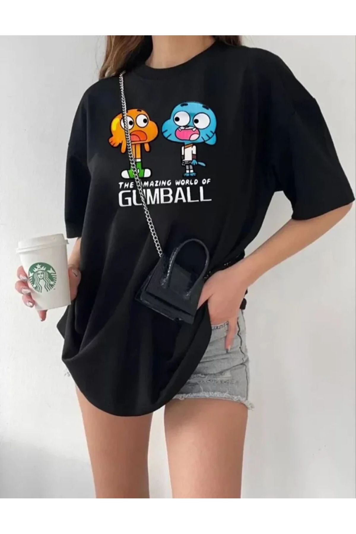 ARUZ MODA Bisiklet Yaka Baskılı Oversize T-Shirt - Siyah