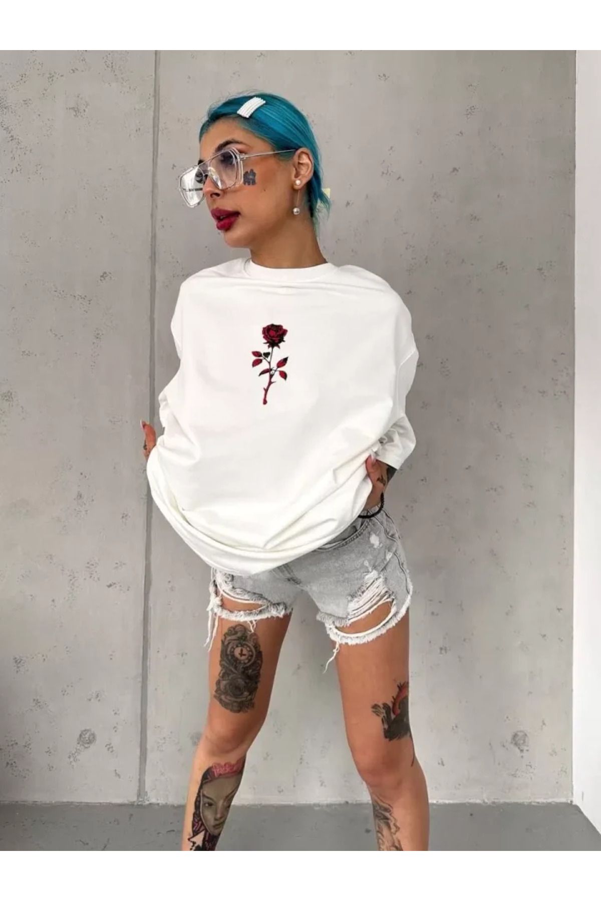 ARUZ MODA Unisex Bisiklet Yaka Baskılı Oversize T-Shirt - Beyaz