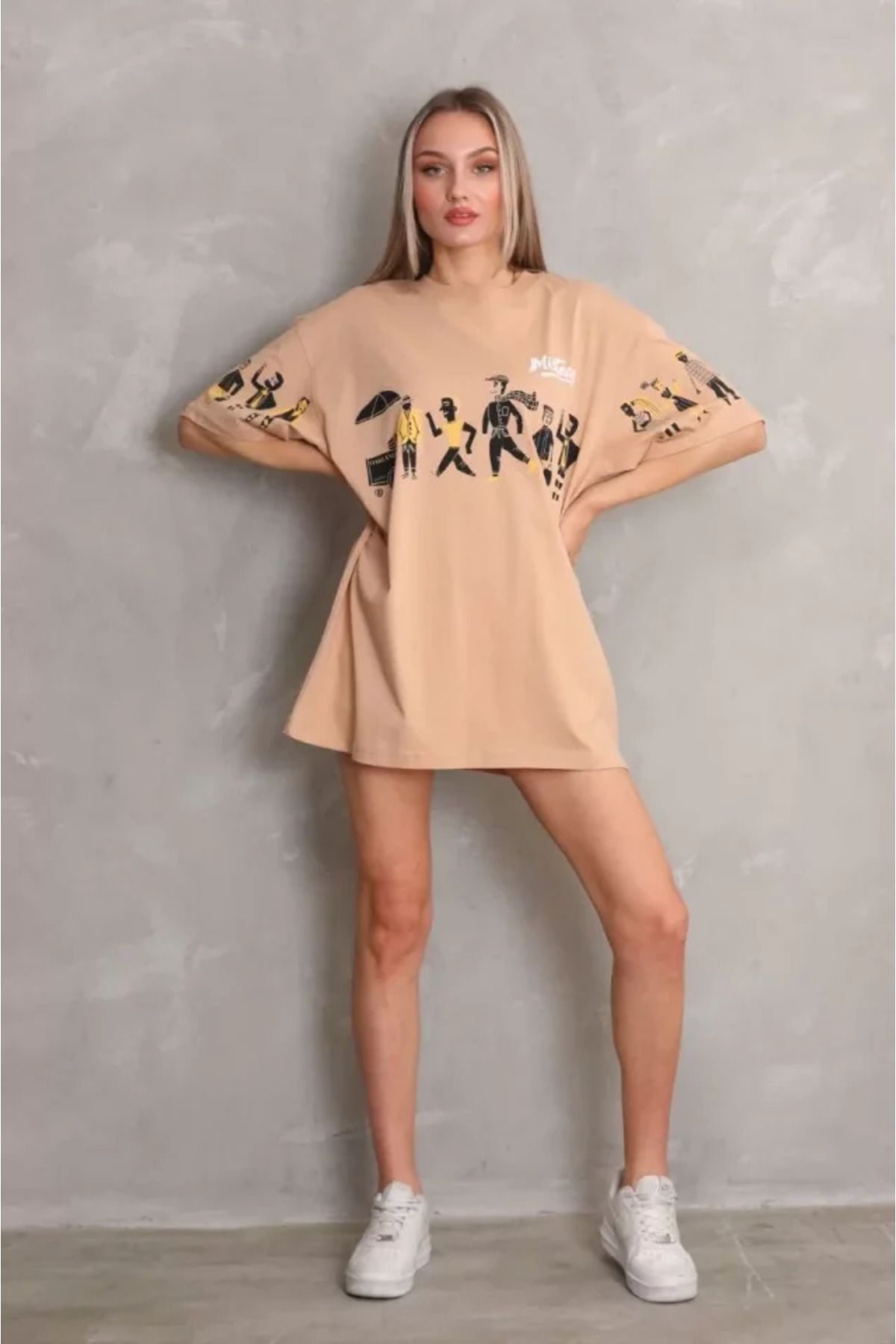 ARUZ MODA Unisex Bisiklet Yaka Baskılı Oversize T-Shirt - Bej