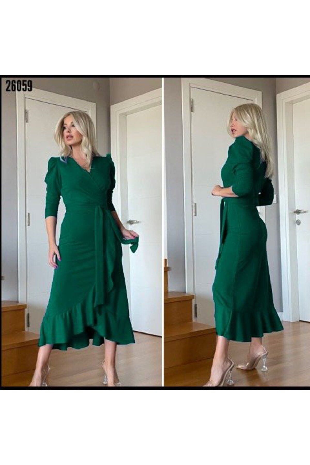 ARUZ MODA Kadın Yeşil Krep Kumaş Midi Boy Kuşaklı Uzunkol Elbise