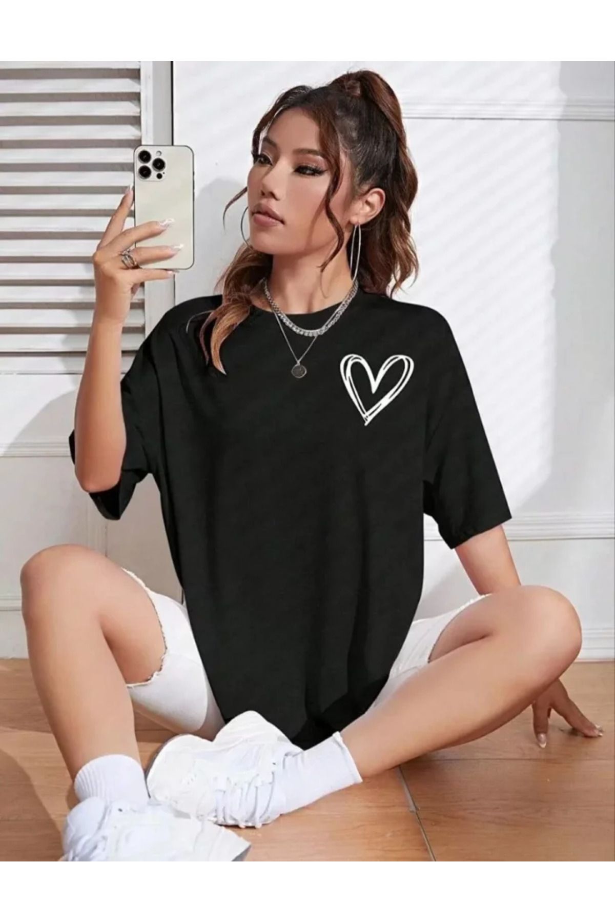 ARUZ MODA Bisiklet Yaka Baskılı Oversize T-Shirt - Siyah