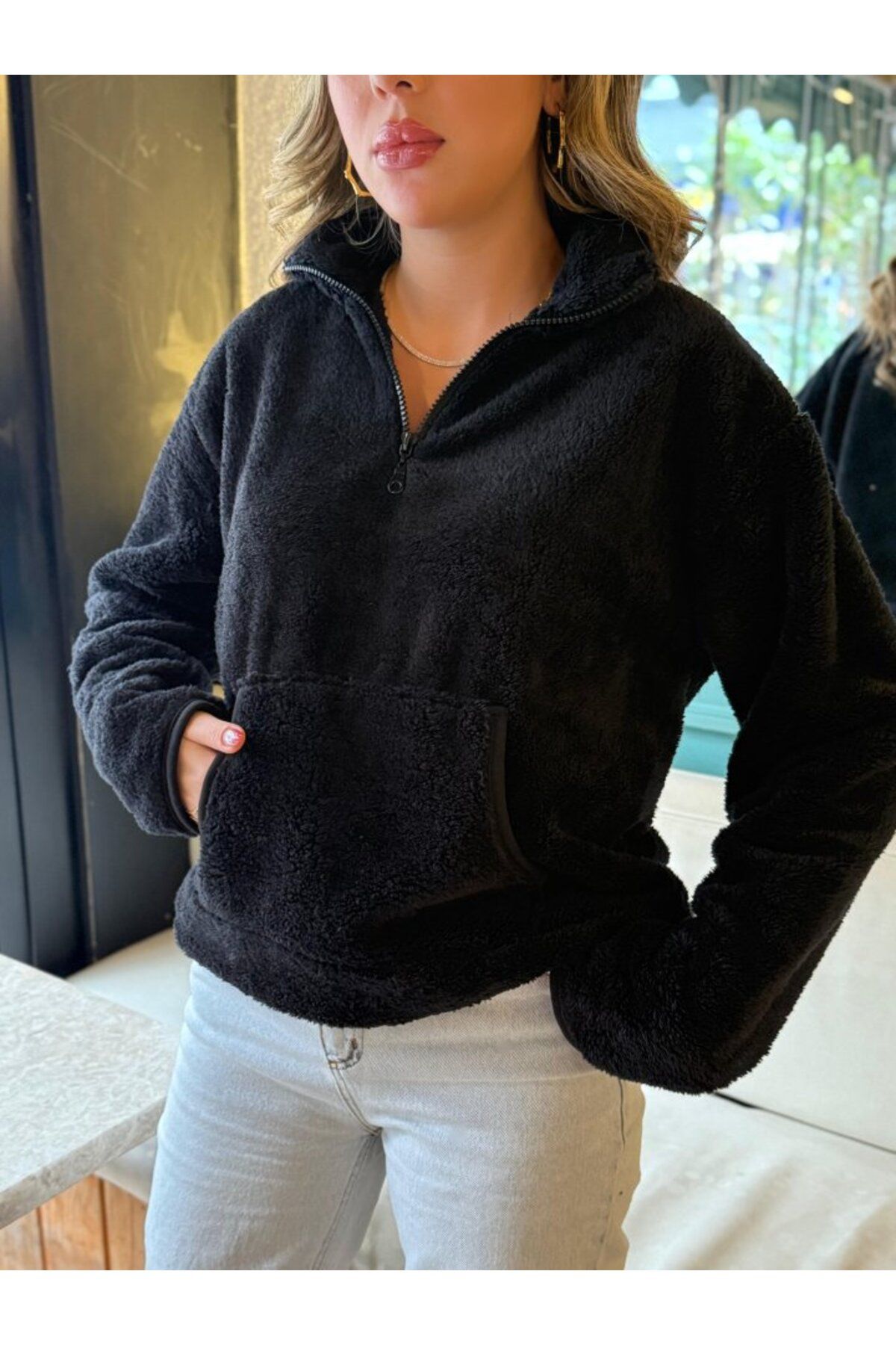 ARUZ MODA Kadın Uzun Kollu önden Fermuarlı Cepli Peluş Sweat