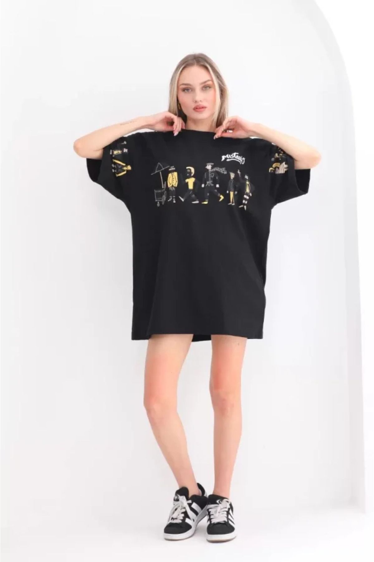 ARUZ MODA Unisex Bisiklet Yaka Baskılı Oversize T-Shirt - Siyah
